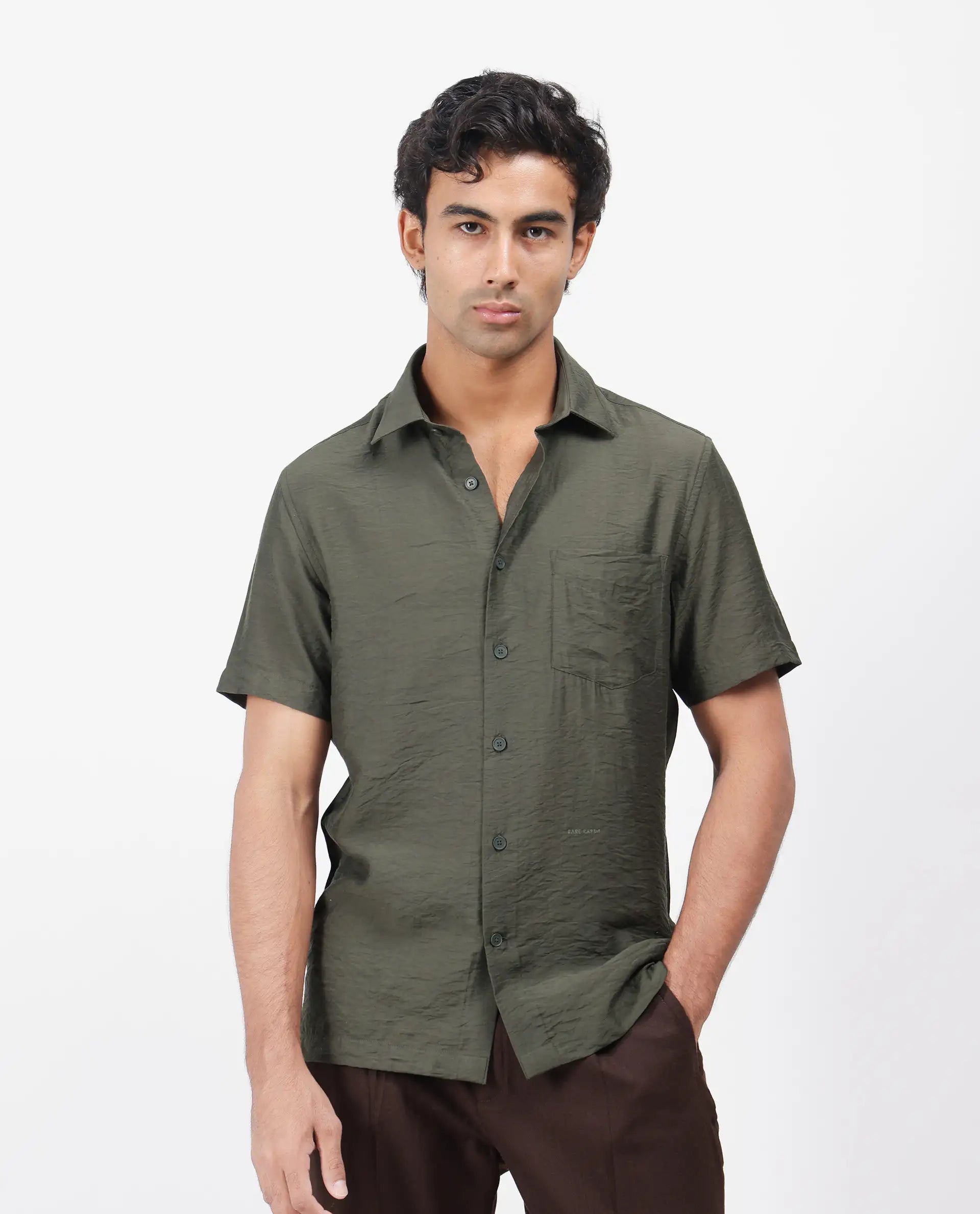Rare Rabbit Men's Torit Dark Olive Viscose Blend Plain Regular Fit Half Sleeve Collared Shirt
