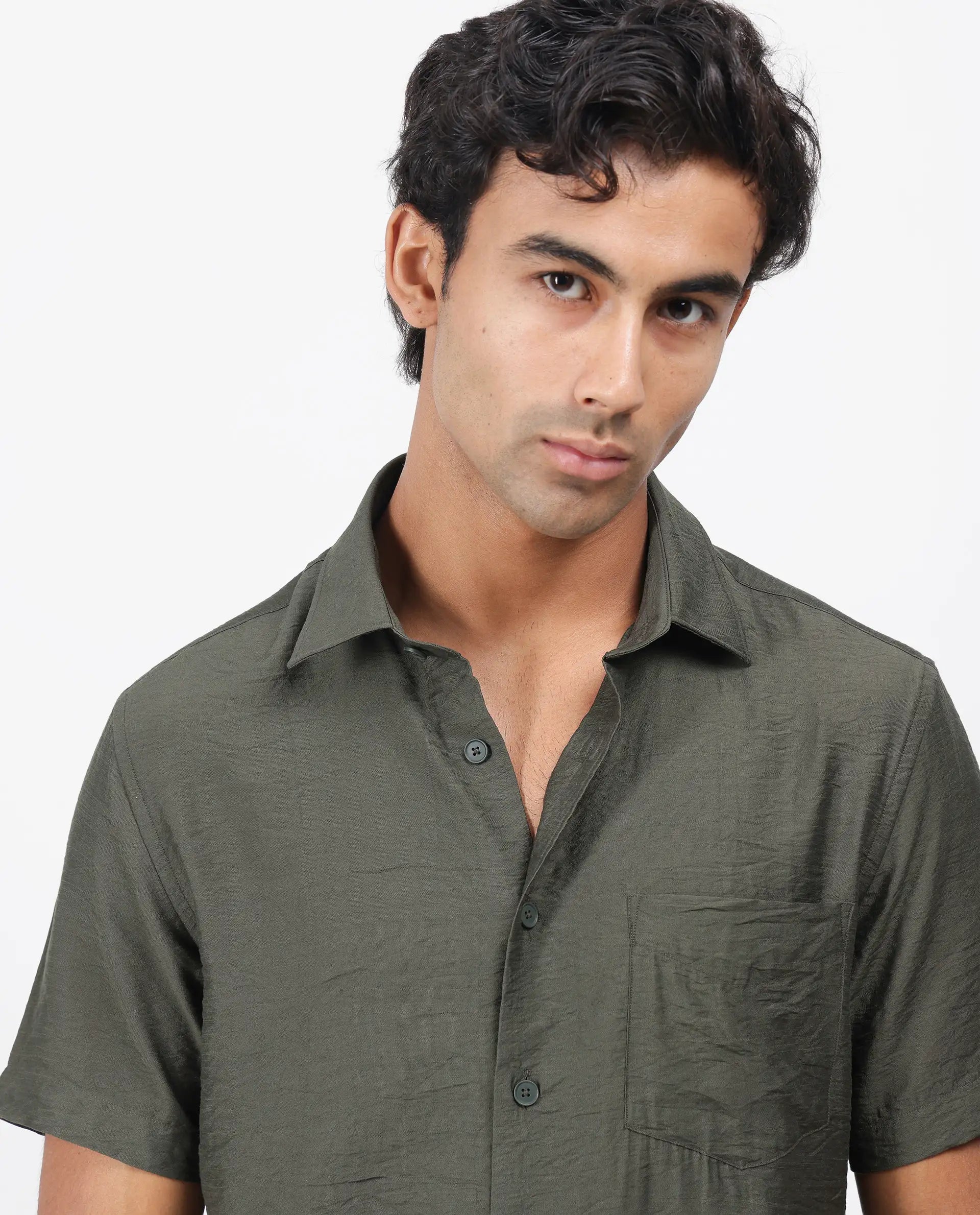 Rare Rabbit Men's Torit Dark Olive Viscose Blend Plain Regular Fit Half Sleeve Collared Shirt
