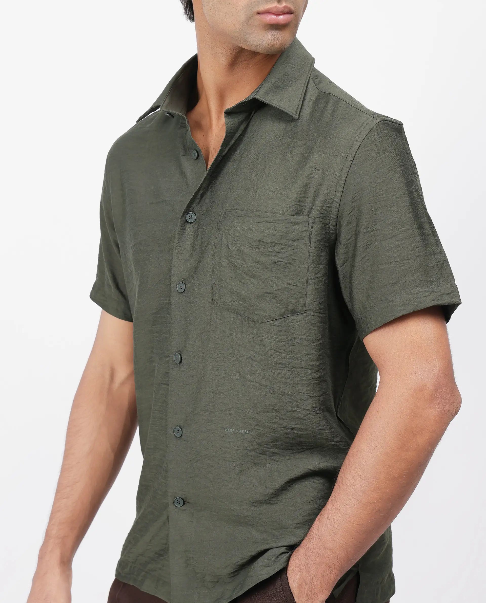 Rare Rabbit Men's Torit Dark Olive Viscose Blend Plain Regular Fit Half Sleeve Collared Shirt