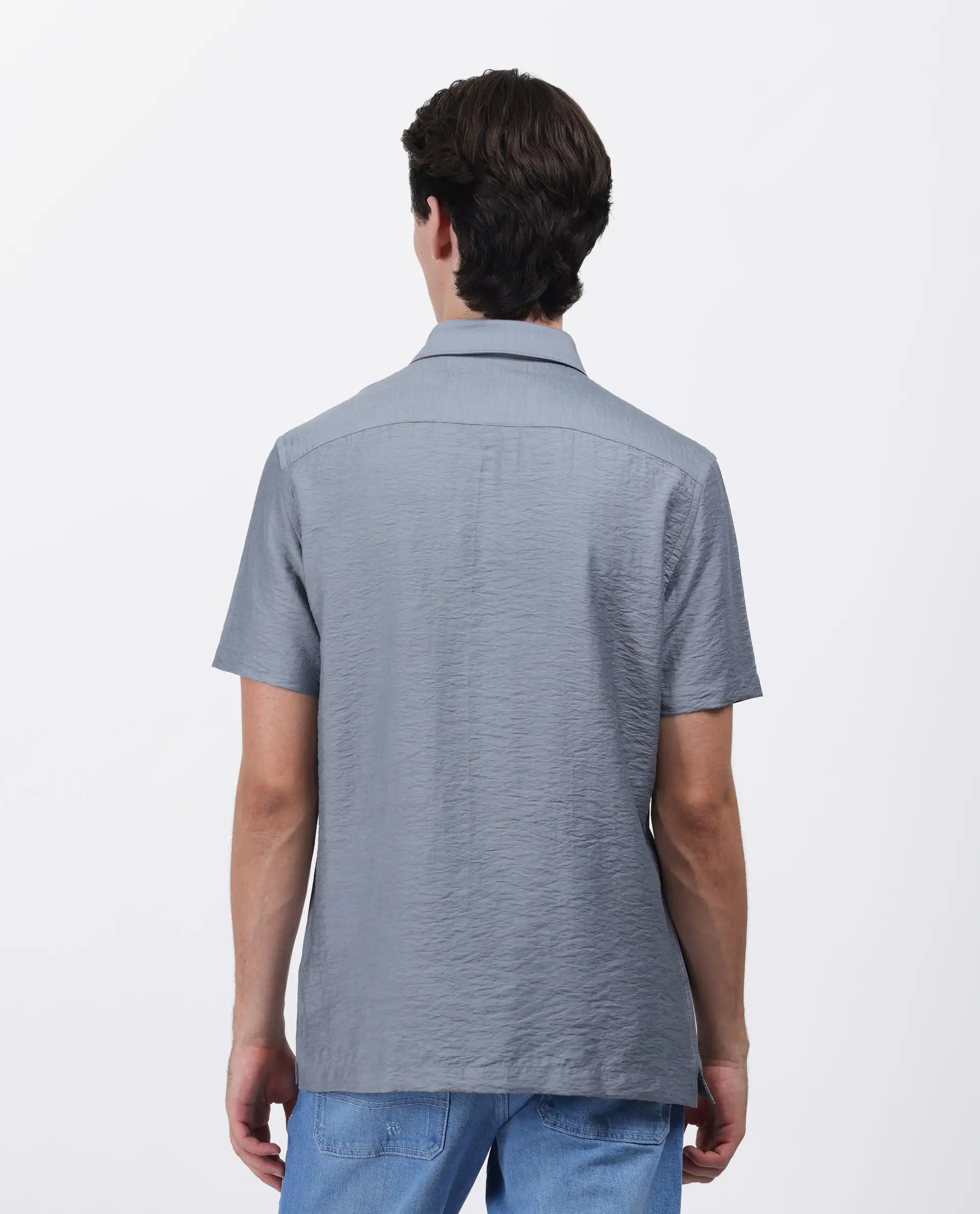 Rare Rabbit Men's Torit Dusky Blue Viscose Blend Plain Regular Fit Half Sleeve Collared Shirt