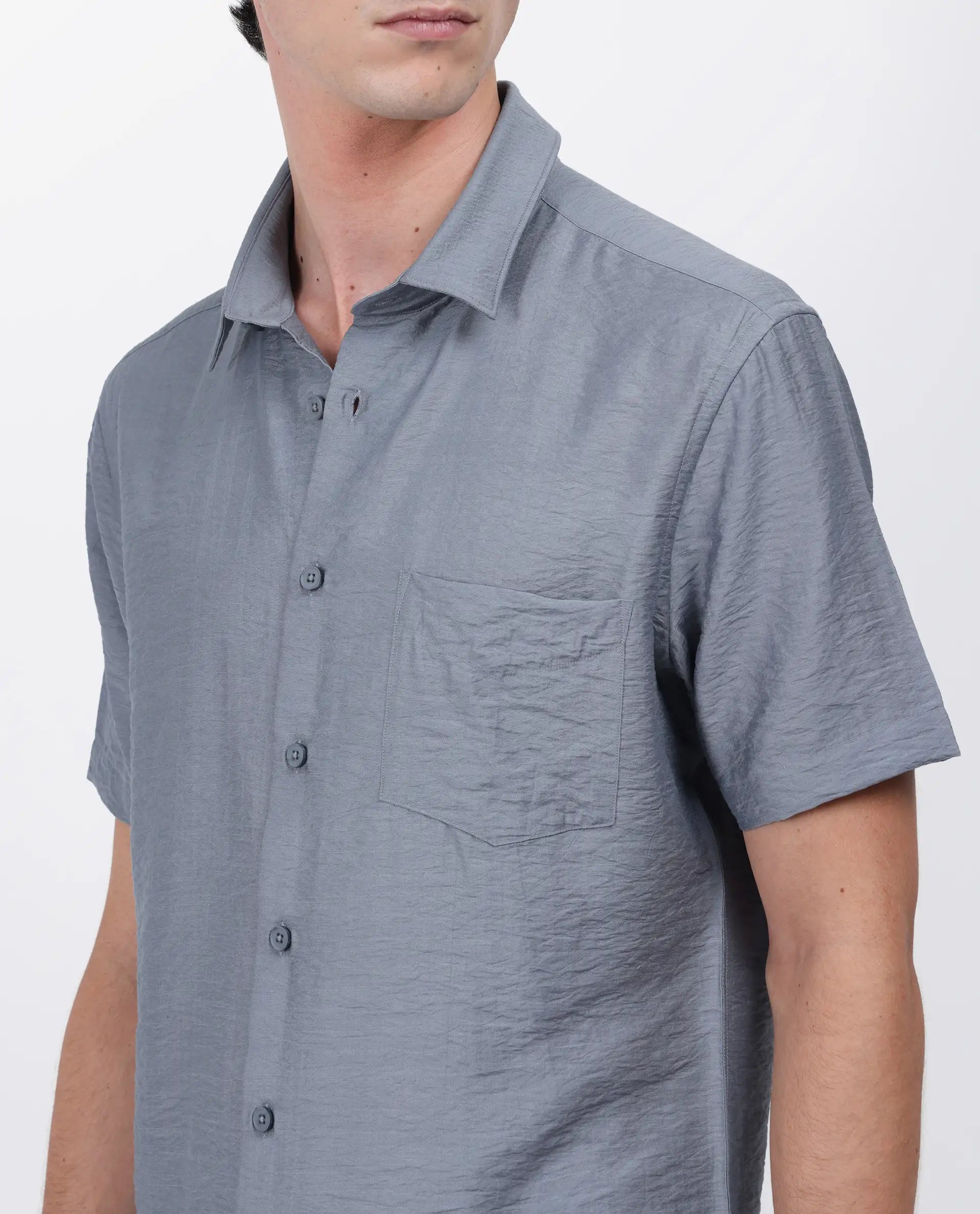 Rare Rabbit Men's Torit Dusky Blue Viscose Blend Plain Regular Fit Half Sleeve Collared Shirt