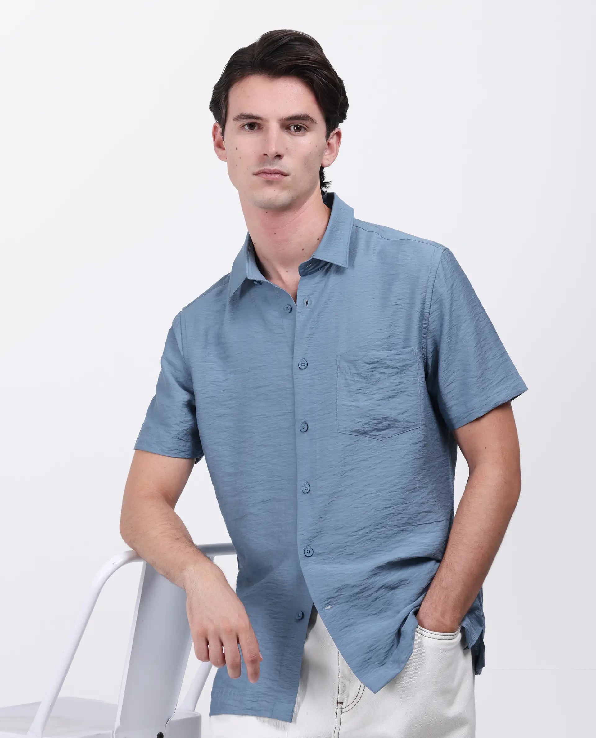 Rare Rabbit Men's Torit Light Blue Viscose Blend Plain Regular Fit Half Sleeve Collared Shirt