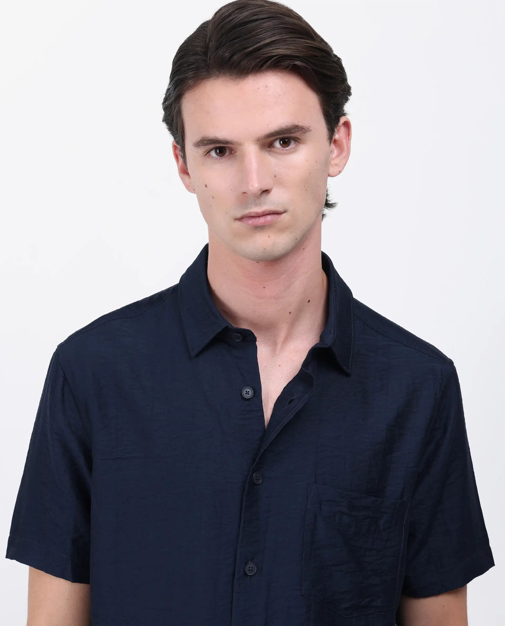 Rare Rabbit Men's Torit Pastel Navy Viscose Blend Plain Regular Fit Half Sleeve Collared Shirt