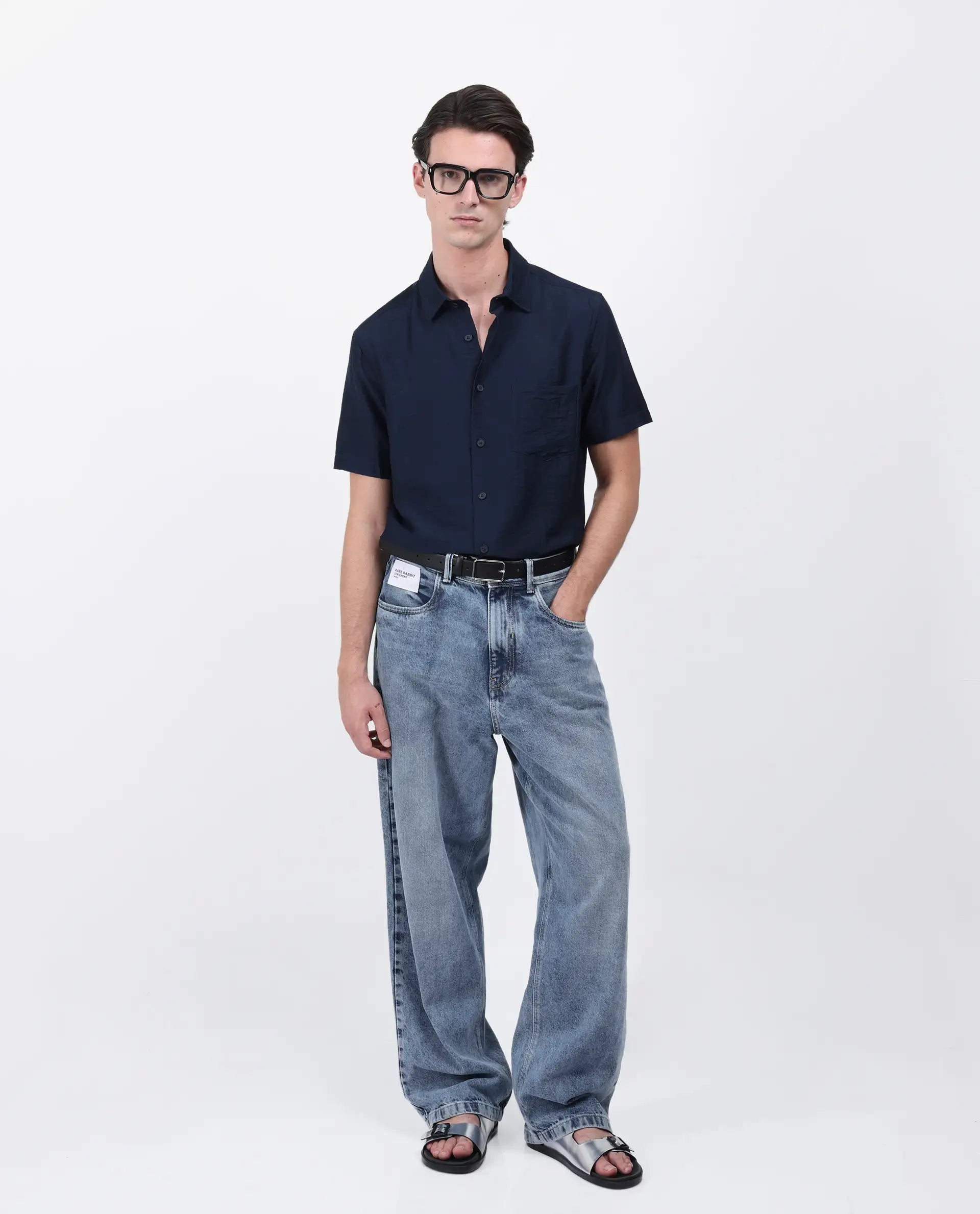 Rare Rabbit Men's Torit Pastel Navy Viscose Blend Plain Regular Fit Half Sleeve Collared Shirt