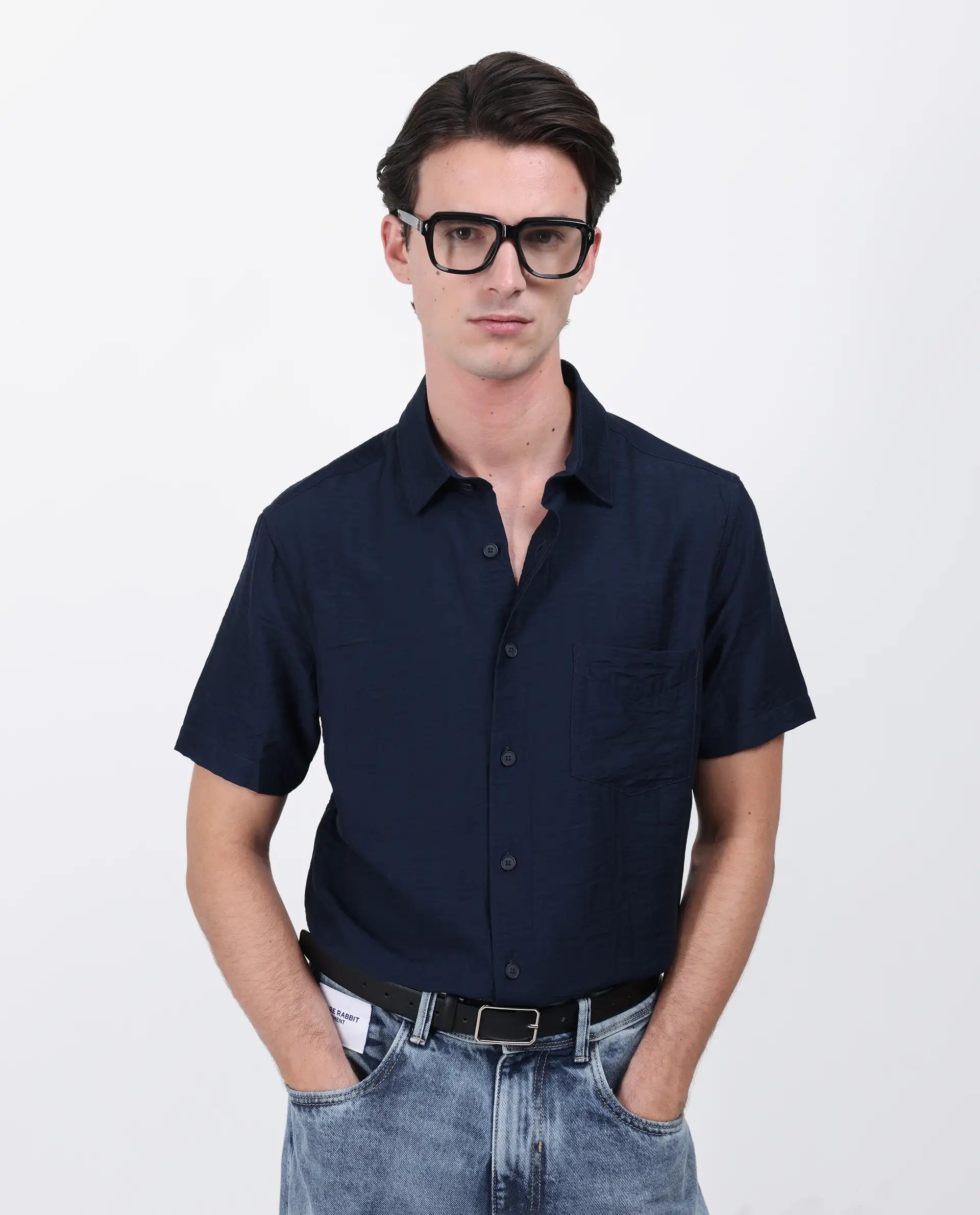 Rare Rabbit Men's Torit Pastel Navy Viscose Blend Plain Regular Fit Half Sleeve Collared Shirt