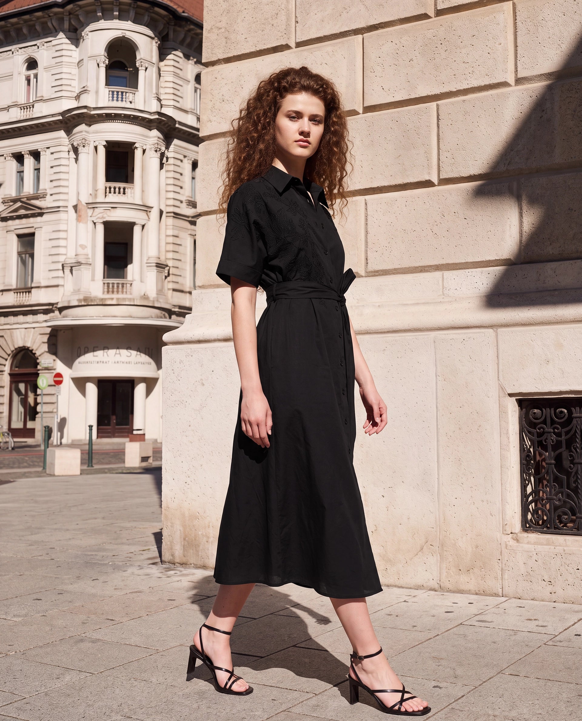 Rareism Women's Tormin Black Cotton Spread Collar Button Regular Embroidered Dress