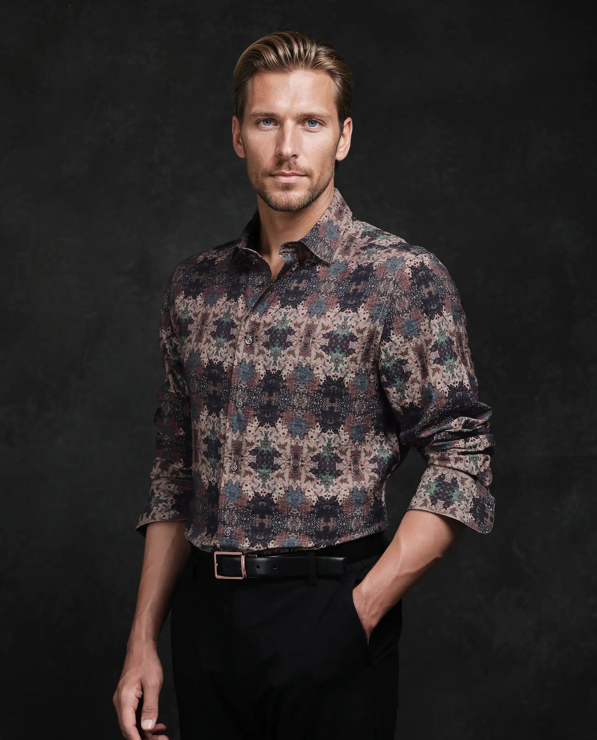 Rare Rabbit Men's Viscose Blend Abstract Print Regular Fit Full Sleeve Collared Shirt