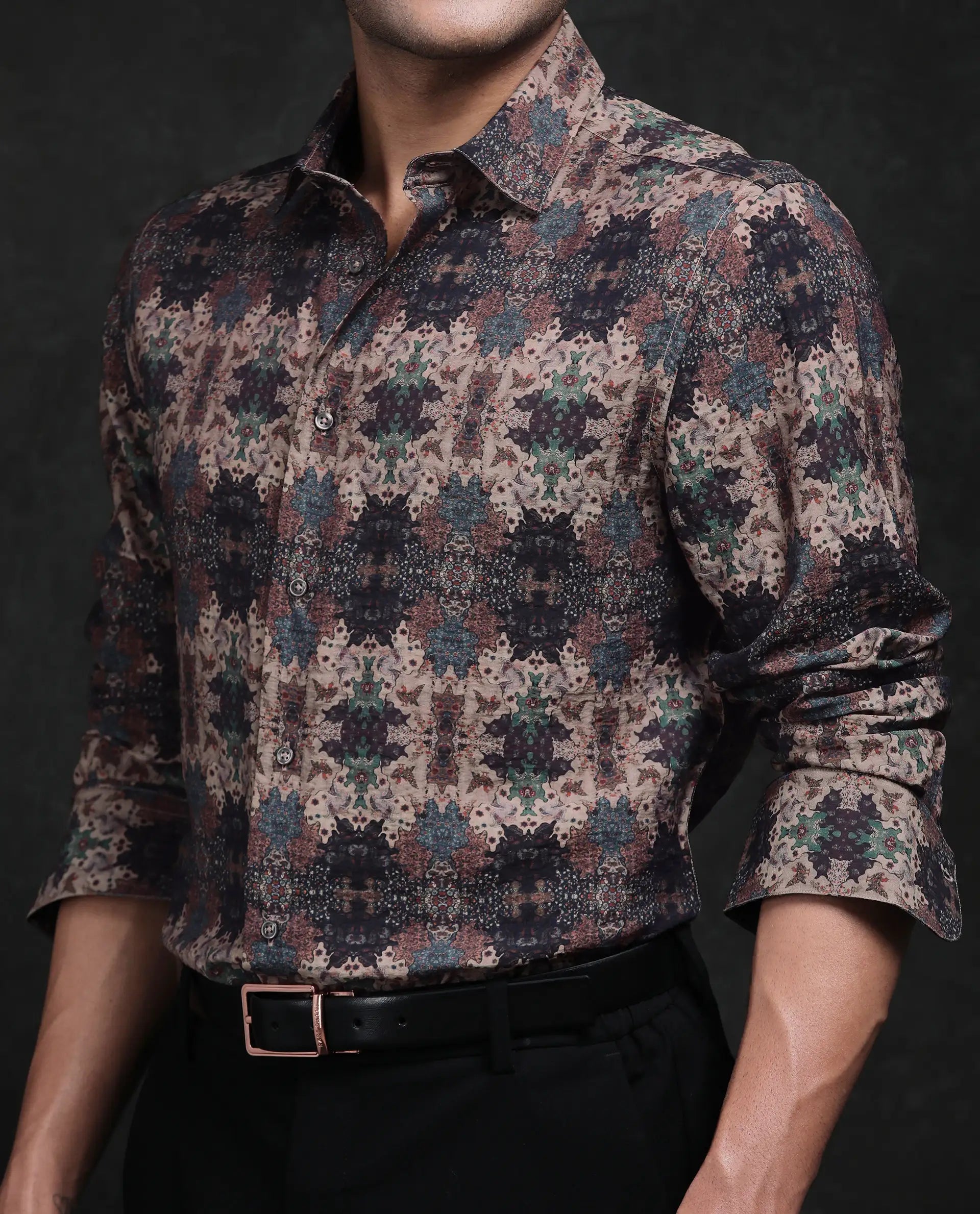 Rare Rabbit Men's Viscose Blend Abstract Print Regular Fit Full Sleeve Collared Shirt