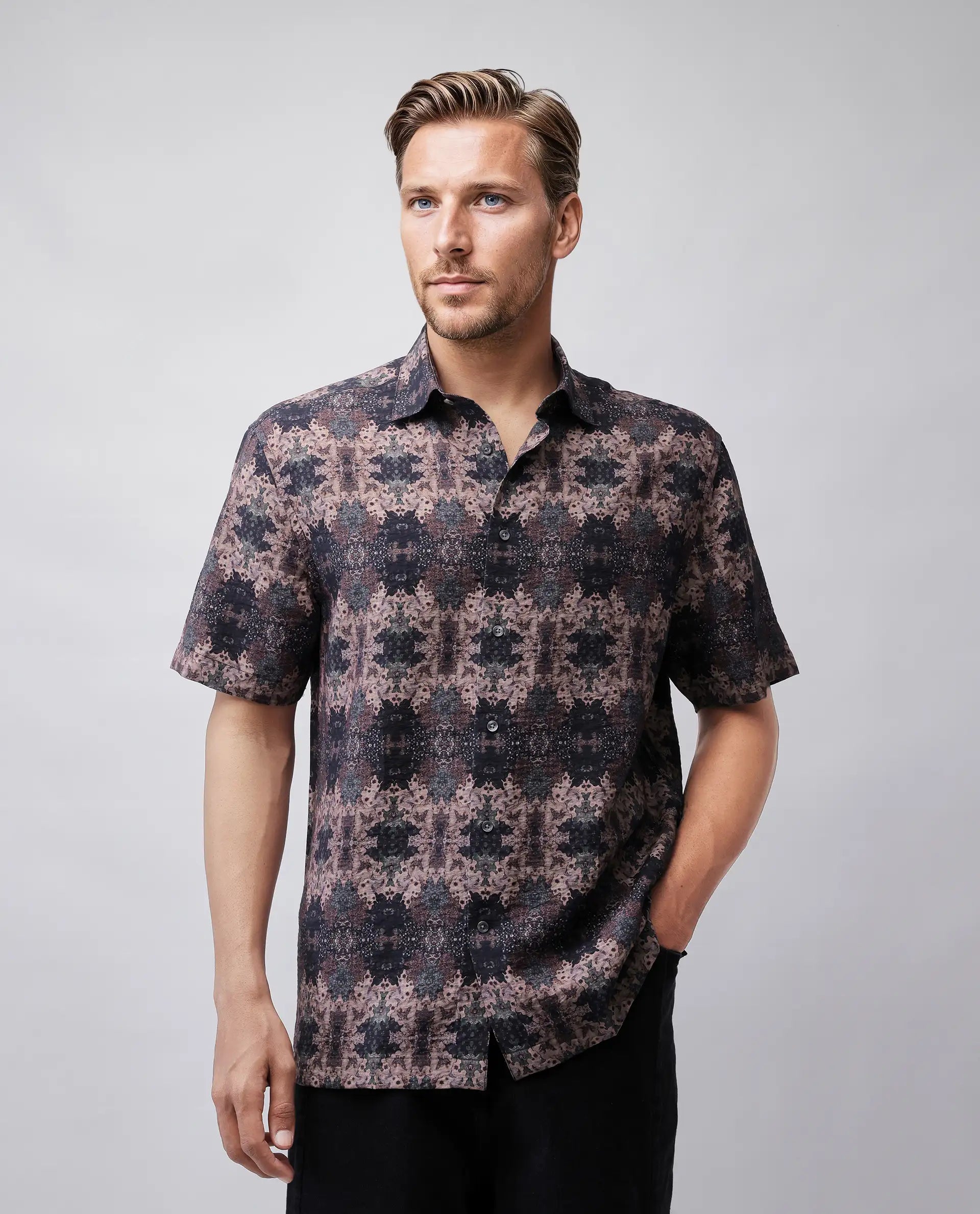 Rare Rabbit Men's Toro-Ss Brown Viscose Blend Abstract Print Regular Fit Half Sleeve Collared Shirt