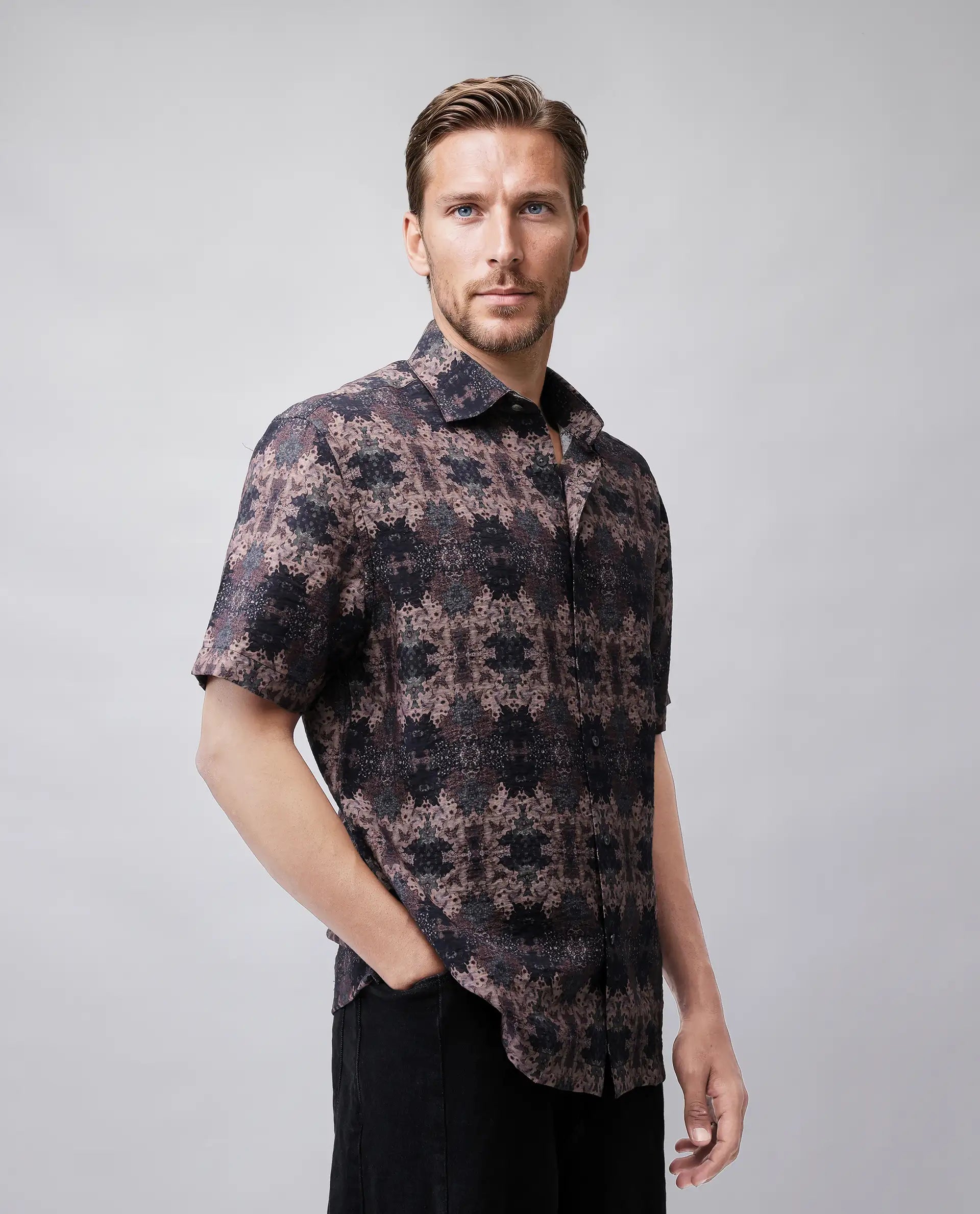 Rare Rabbit Men's Toro-Ss Brown Viscose Blend Abstract Print Regular Fit Half Sleeve Collared Shirt