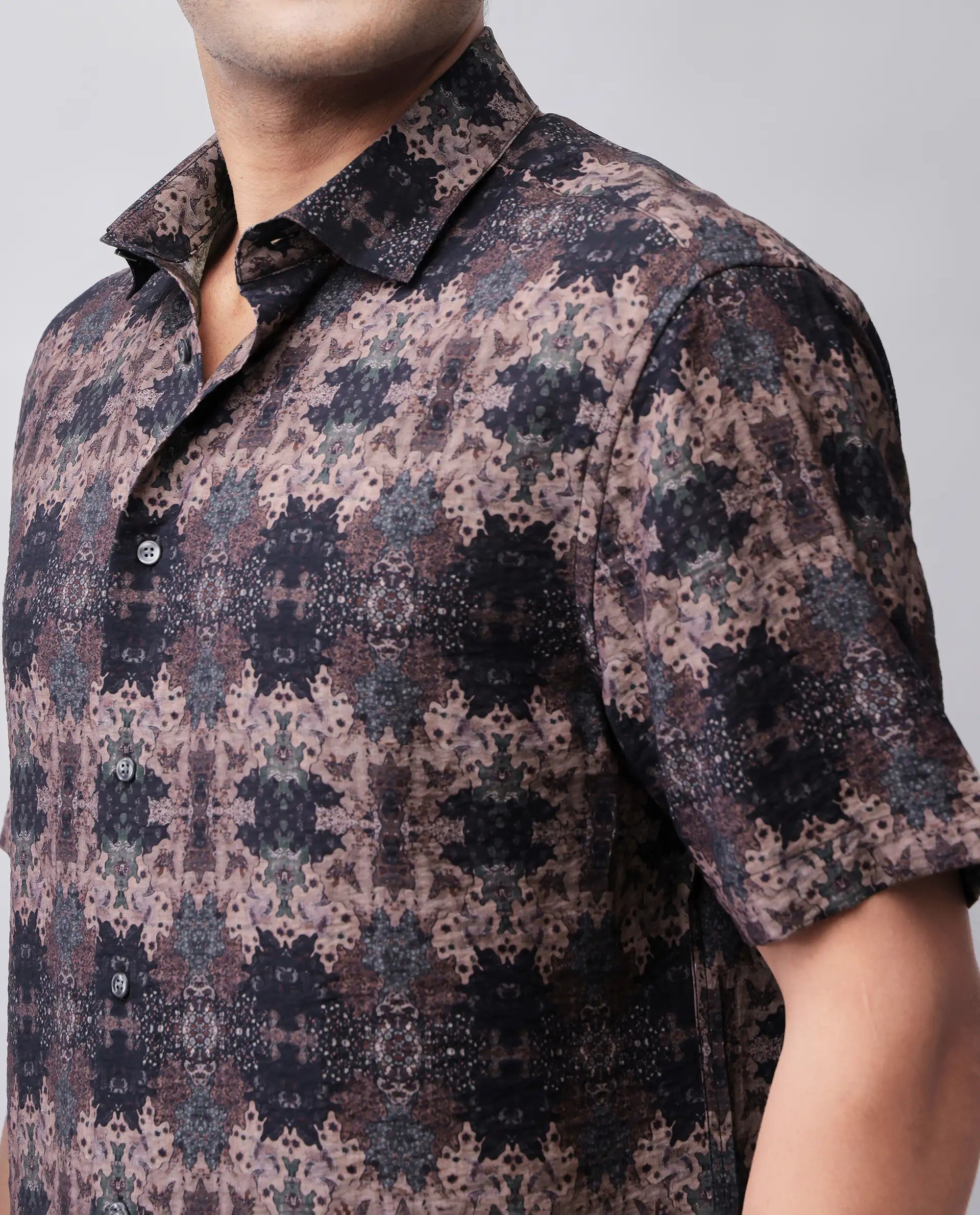 Rare Rabbit Men's Toro-Ss Brown Viscose Blend Abstract Print Regular Fit Half Sleeve Collared Shirt