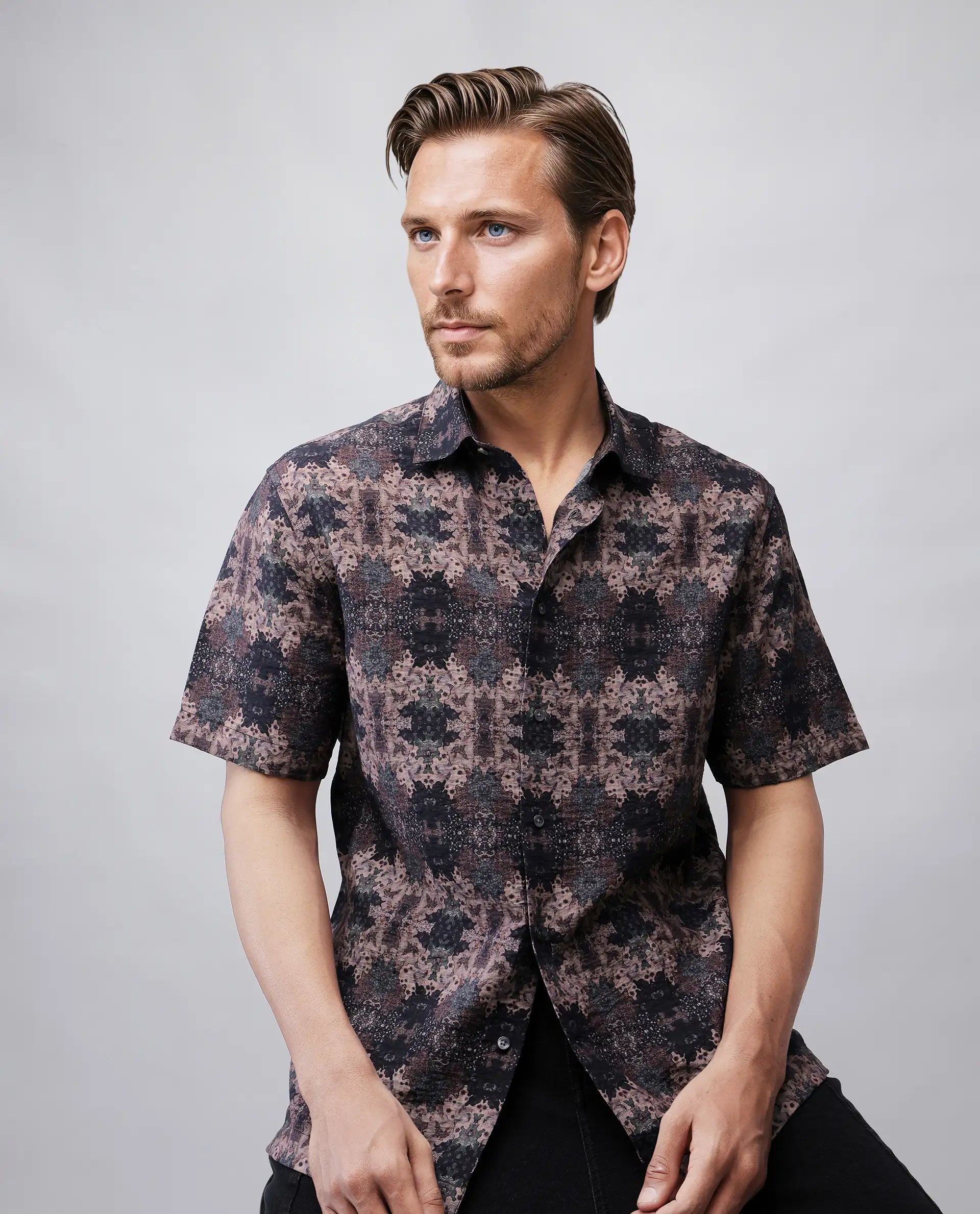 Rare Rabbit Men's Toro-Ss Brown Viscose Blend Abstract Print Regular Fit Half Sleeve Collared Shirt