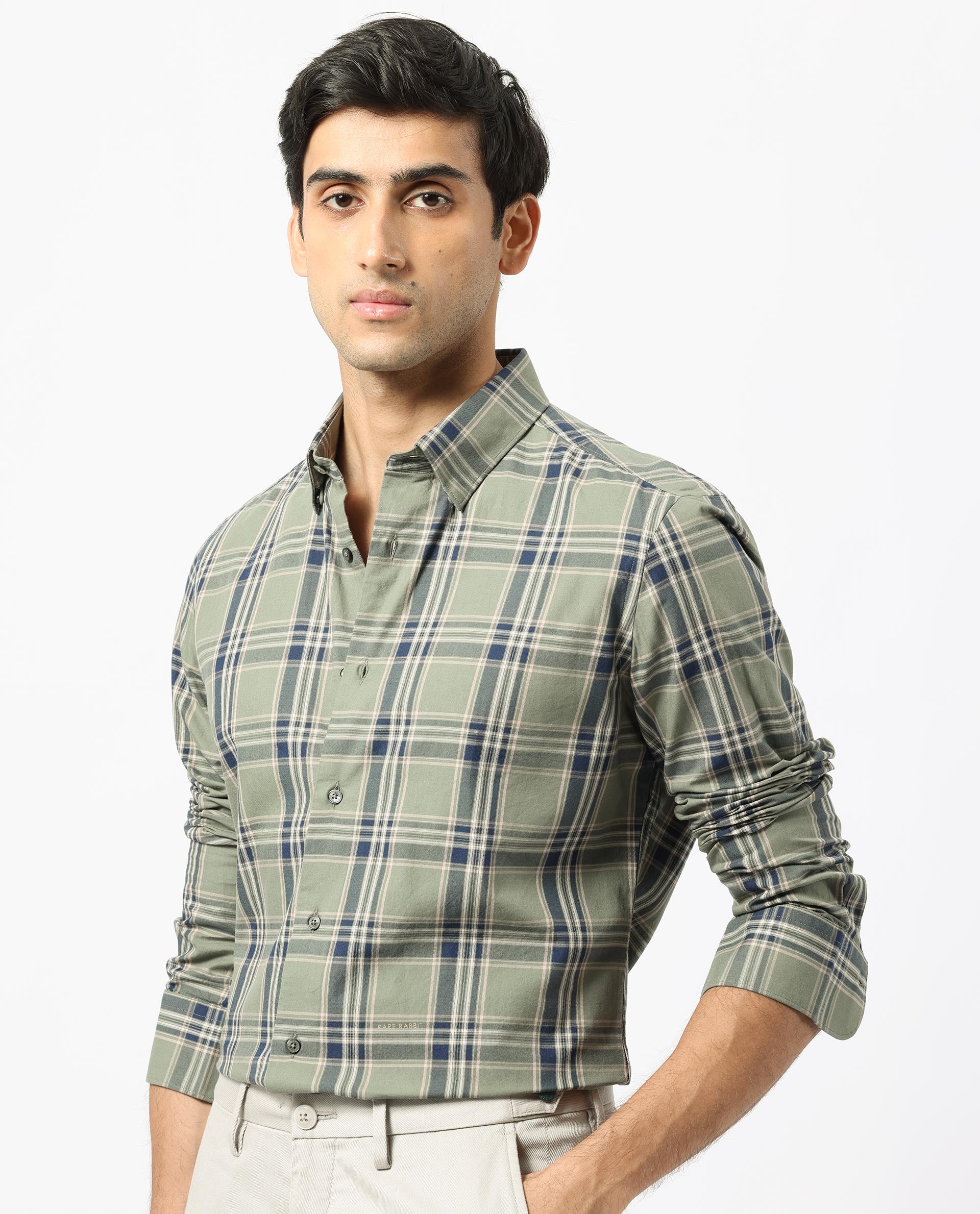 Rare Rabbit Men's Torrey Olive Cotton Fabric Full Sleeves Checks Shirt