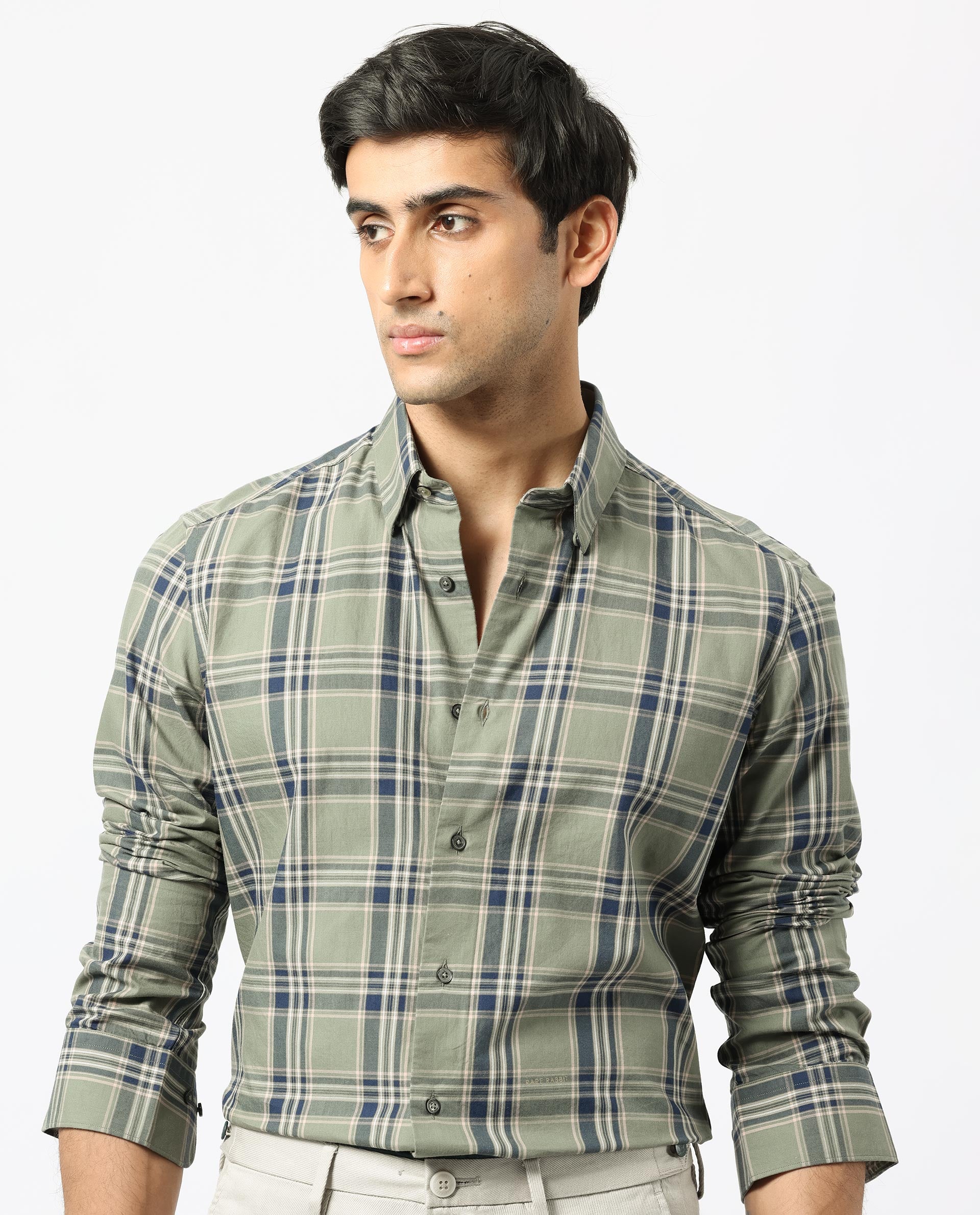 Rare Rabbit Men's Torrey Olive Cotton Fabric Full Sleeves Checks Shirt