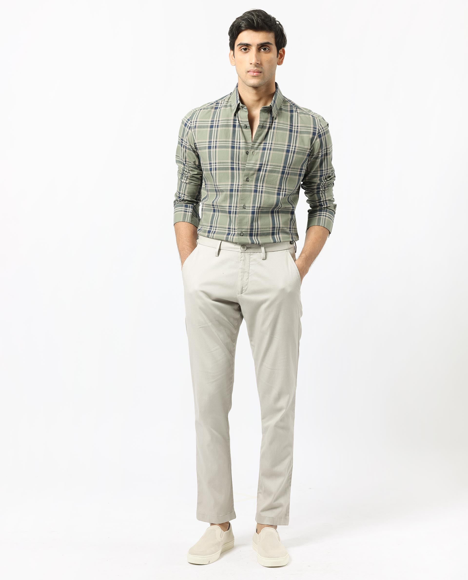 Rare Rabbit Men's Torrey Olive Cotton Fabric Full Sleeves Checks Shirt