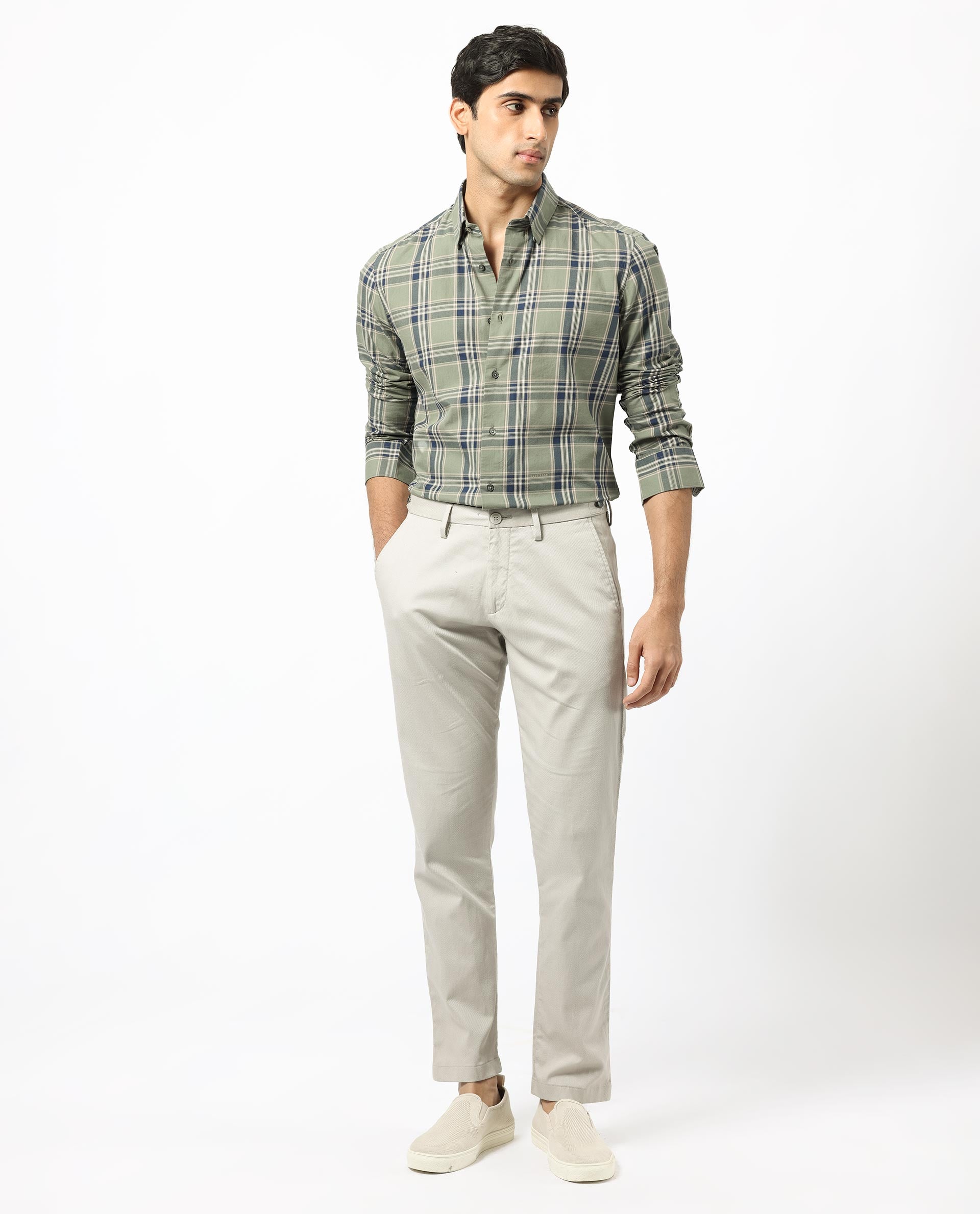 Rare Rabbit Men's Torrey Olive Cotton Fabric Full Sleeves Checks Shirt