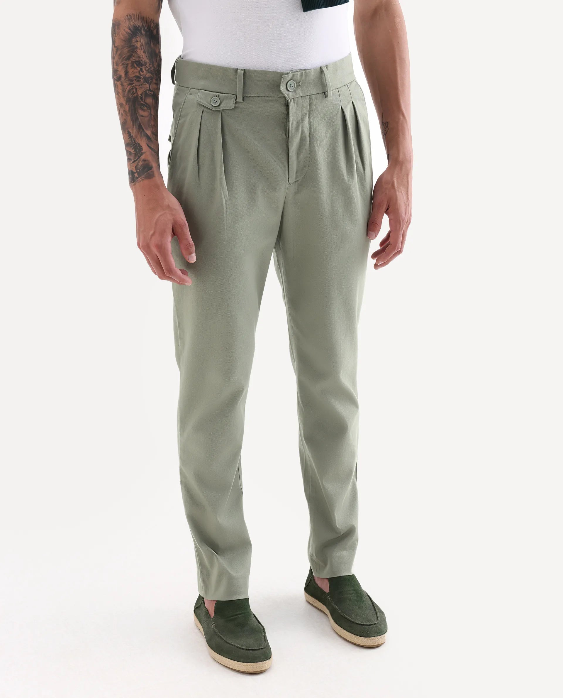 Rare Rabbit Men's Torro Dusky Green Cotton Blend Plain Regular Fit Trouser