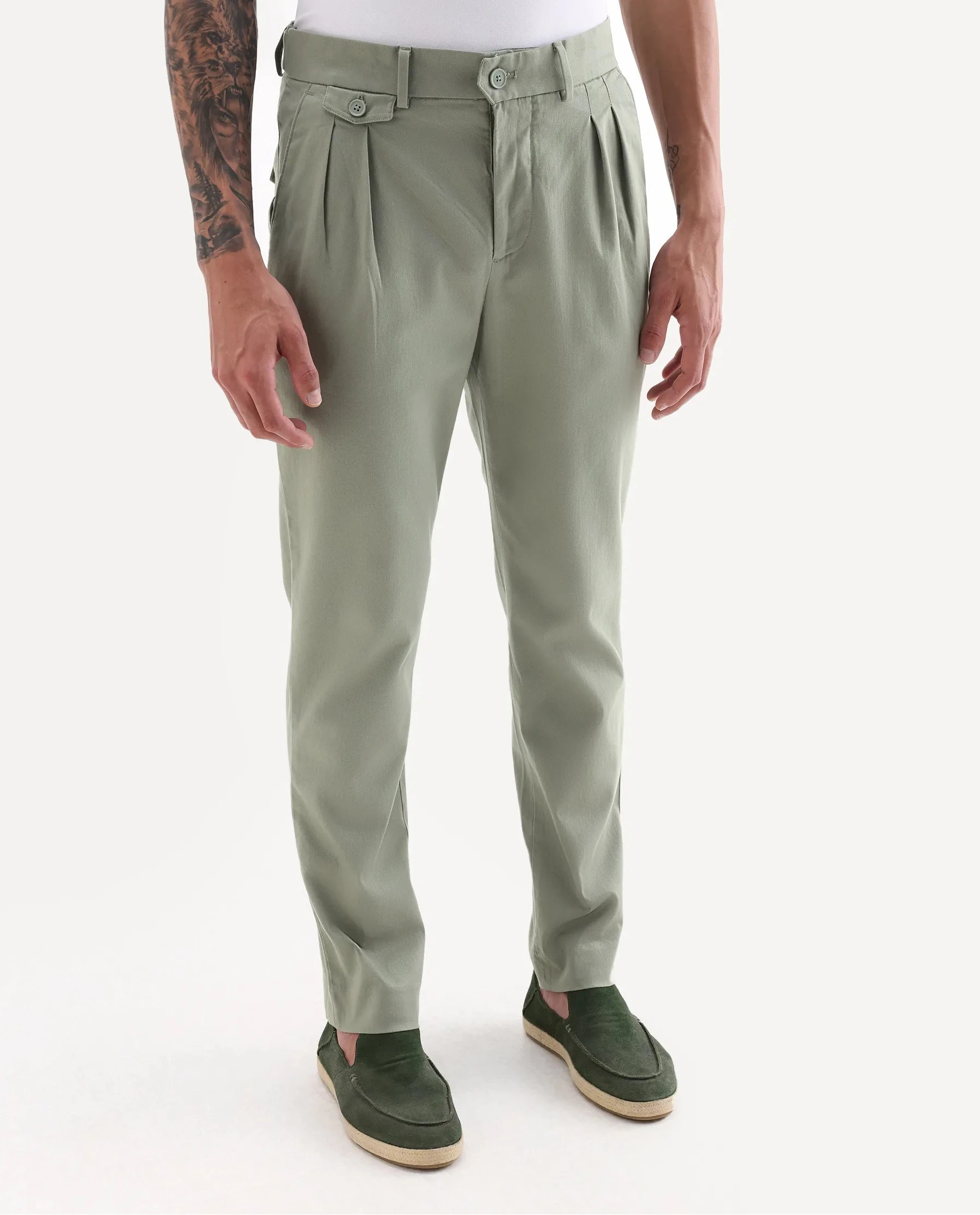 Rare Rabbit Men's Torro Dusky Green Cotton Blend Plain Regular Fit Trouser