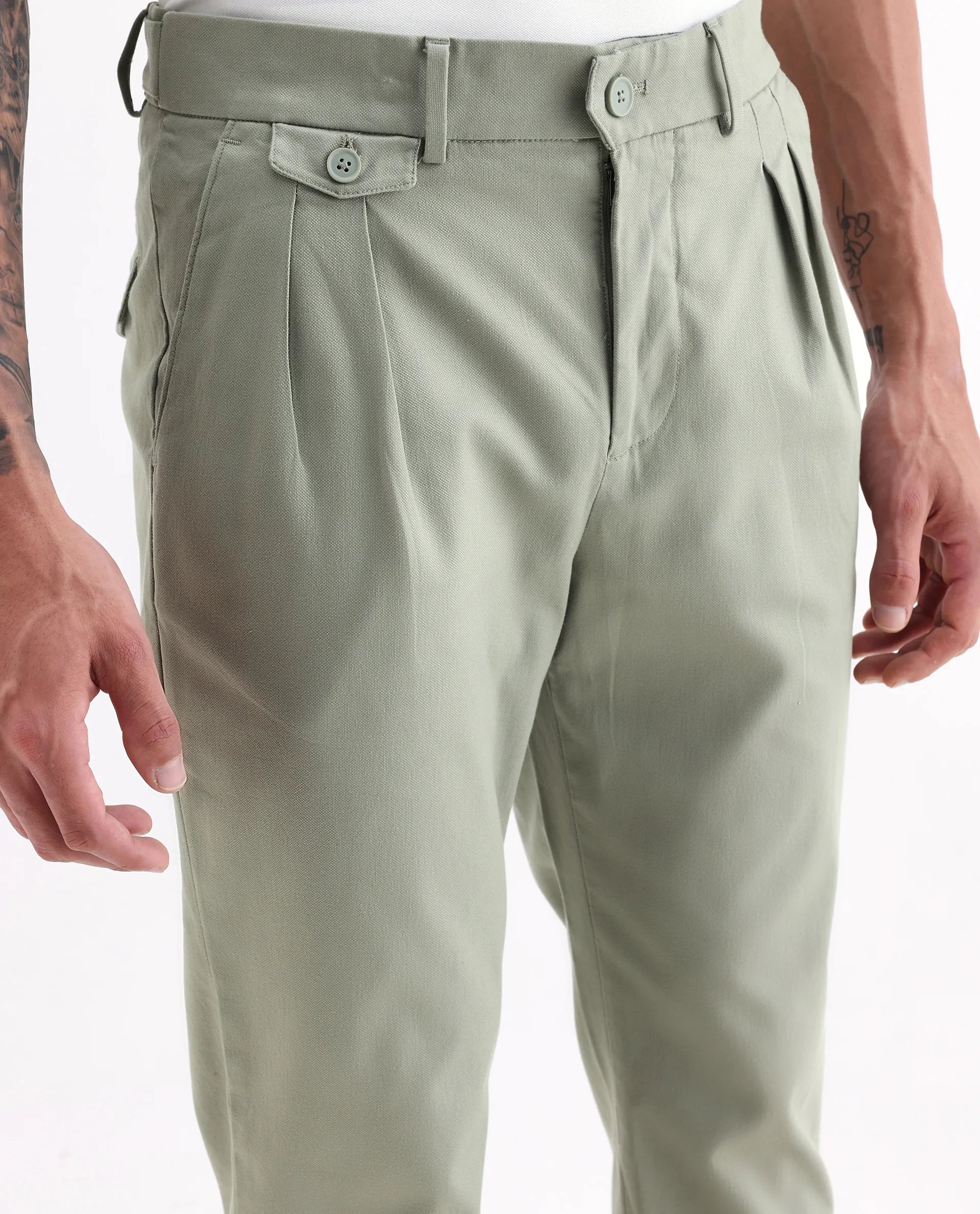 Rare Rabbit Men's Torro Dusky Green Cotton Blend Plain Regular Fit Trouser