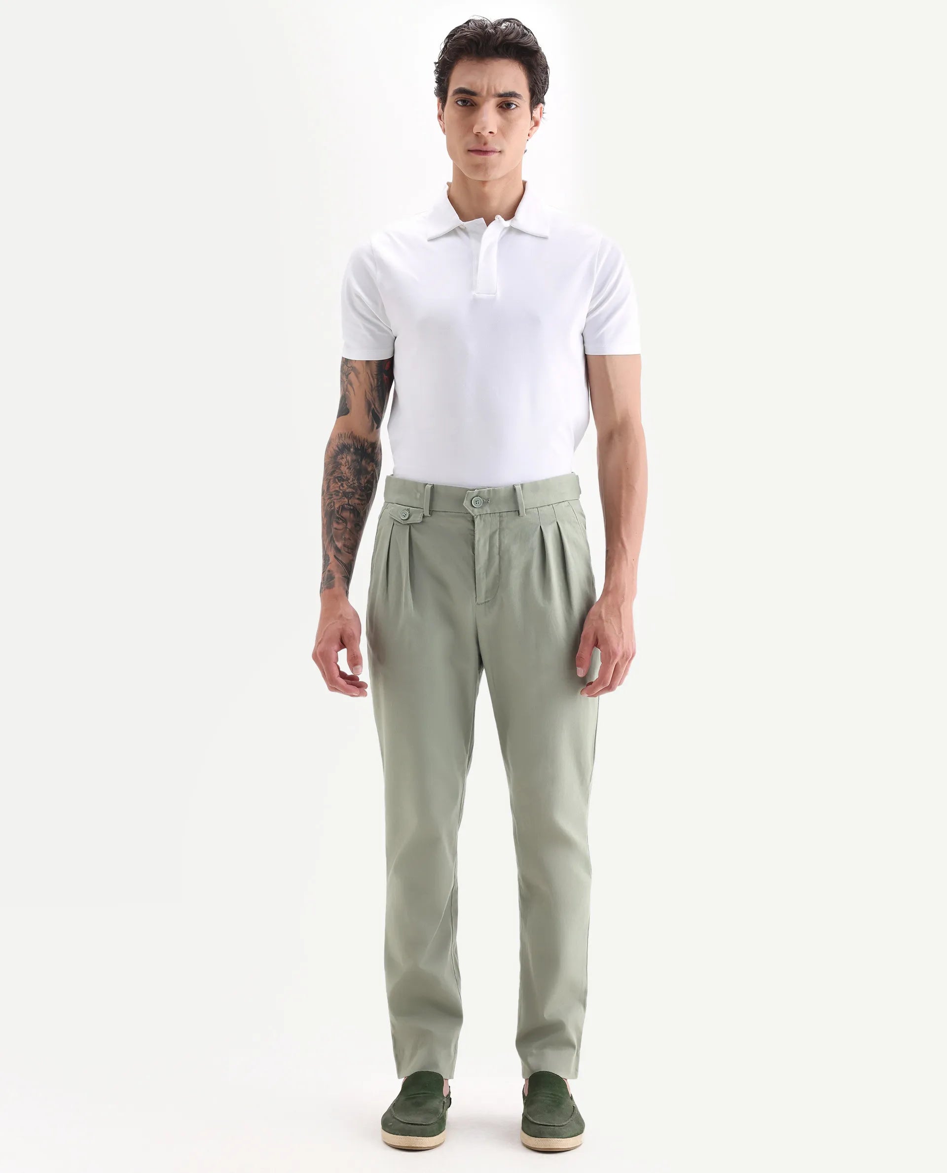 Rare Rabbit Men's Torro Dusky Green Cotton Blend Plain Regular Fit Trouser