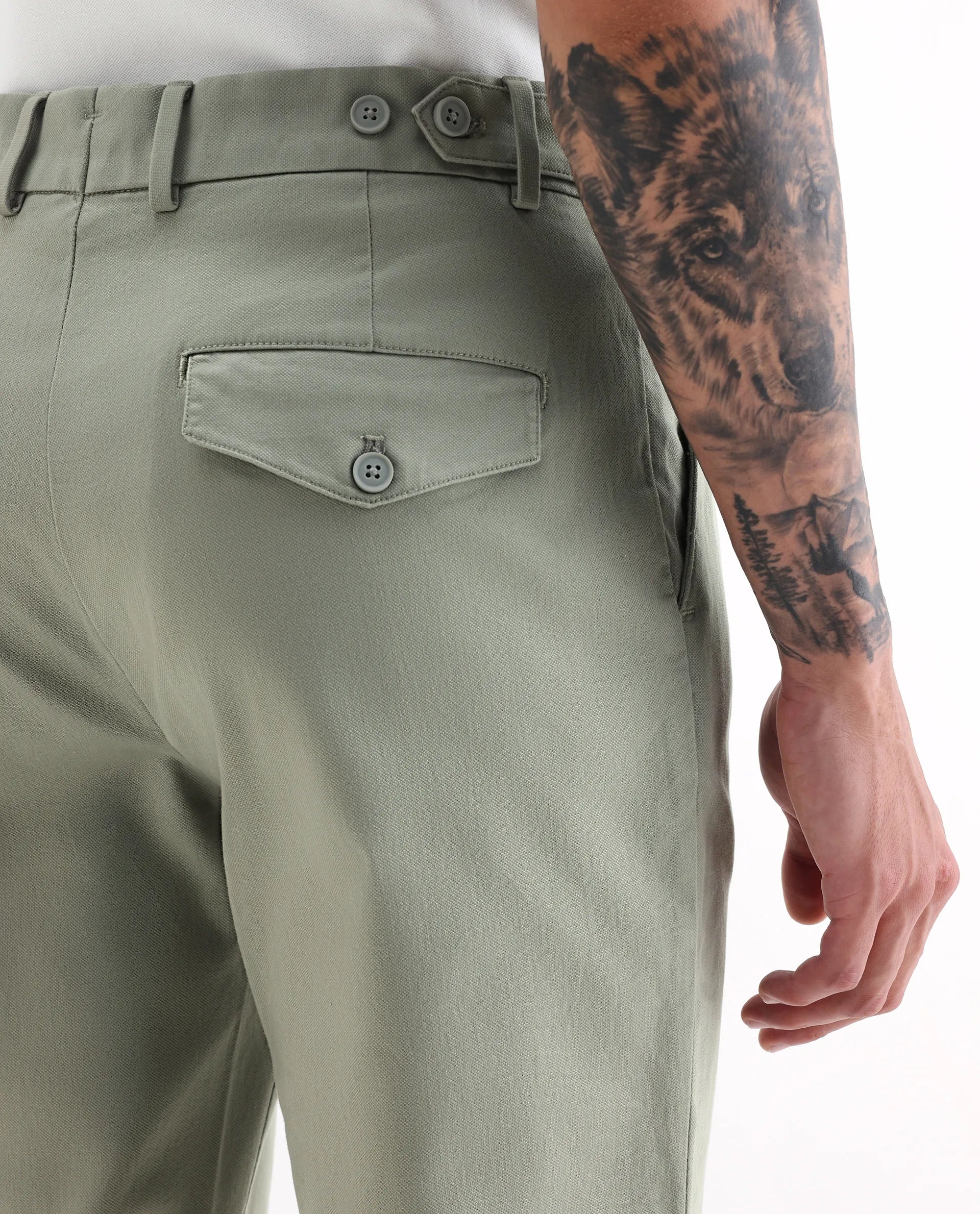 Rare Rabbit Men's Torro Dusky Green Cotton Blend Plain Regular Fit Trouser