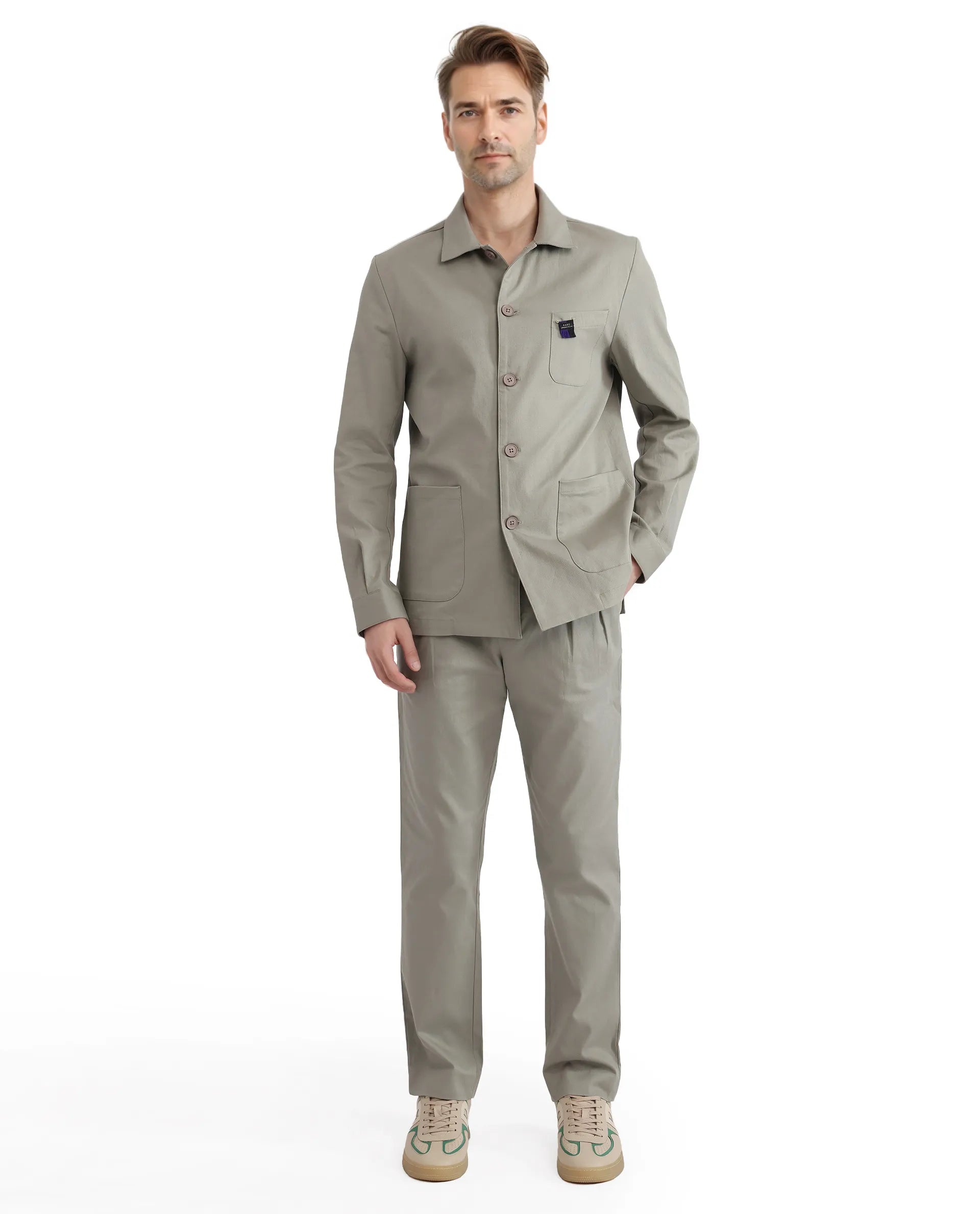 Rare Rabbit Men's Torroy Dusky Green Cotton Fabric Full Sleeves Collared Neck Plain Jacket