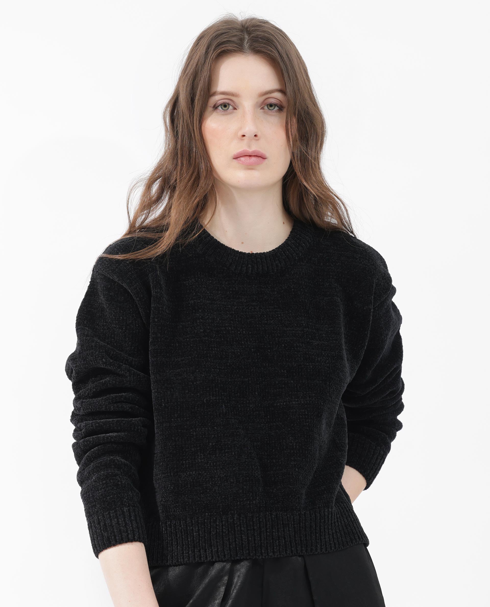 Rareism Women Tosti Black Cotton Fabric Full Sleeves Round Neck Regular Fit Plain Sweater