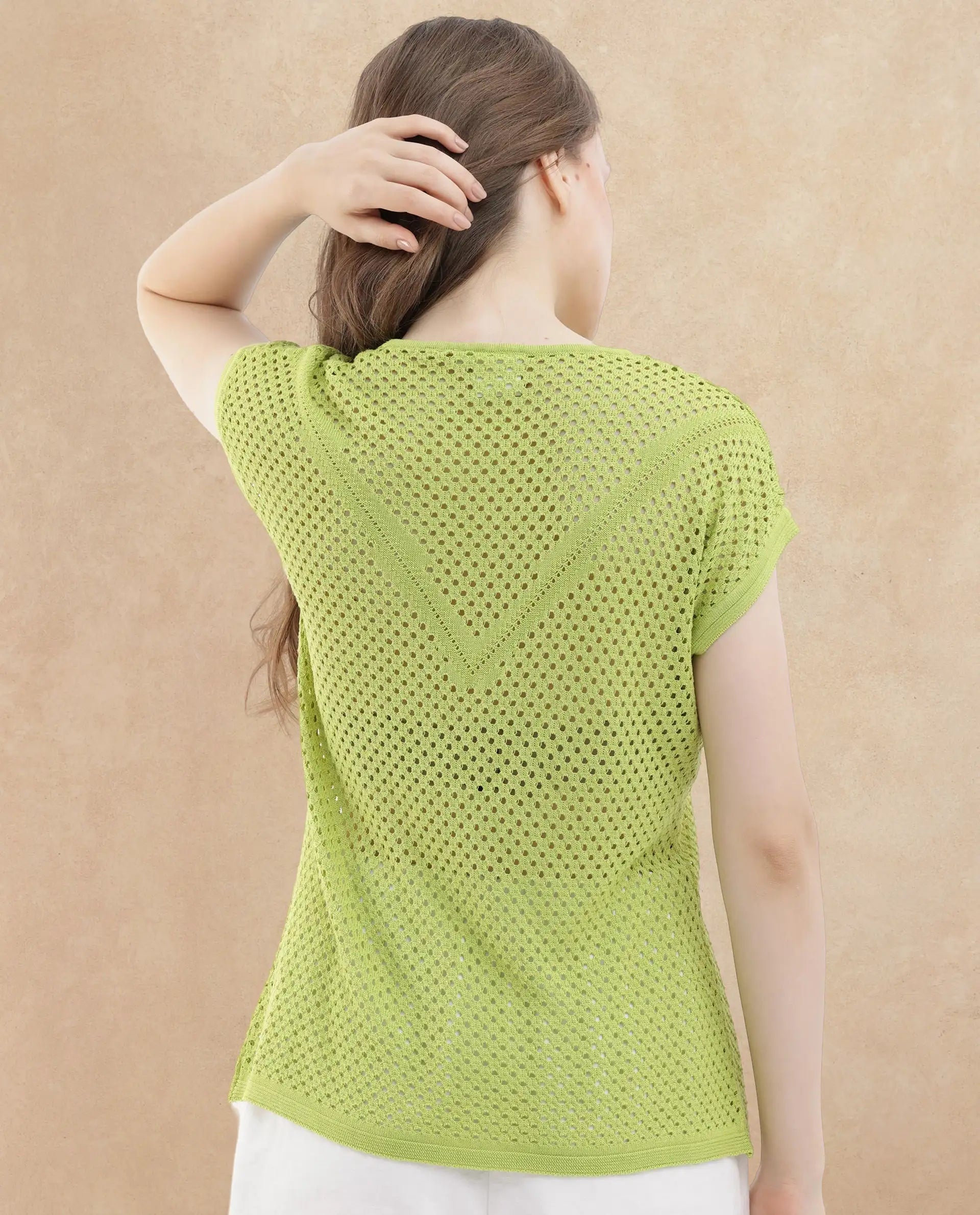 Rareism Women's Totoro Flouroscent Green Cotton Crew Neck Plain Extended Sleeves Relaxed Fit Top