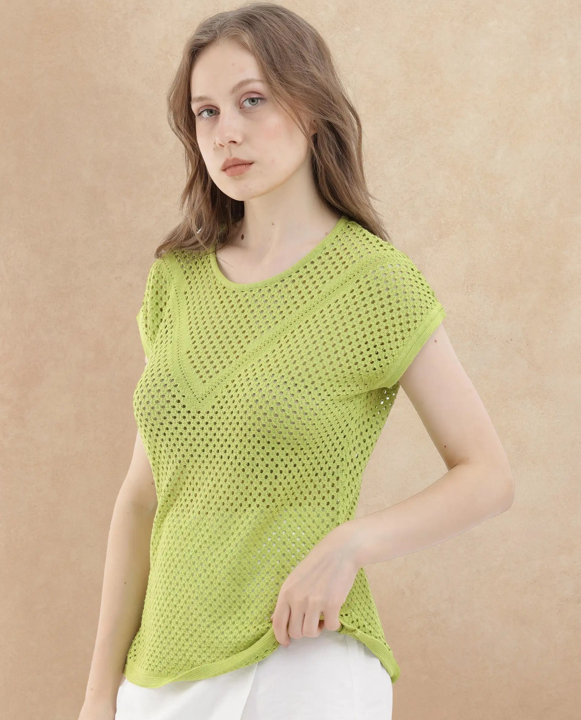 Rareism Women's Totoro Flouroscent Green Cotton Crew Neck Plain Extended Sleeves Relaxed Fit Top