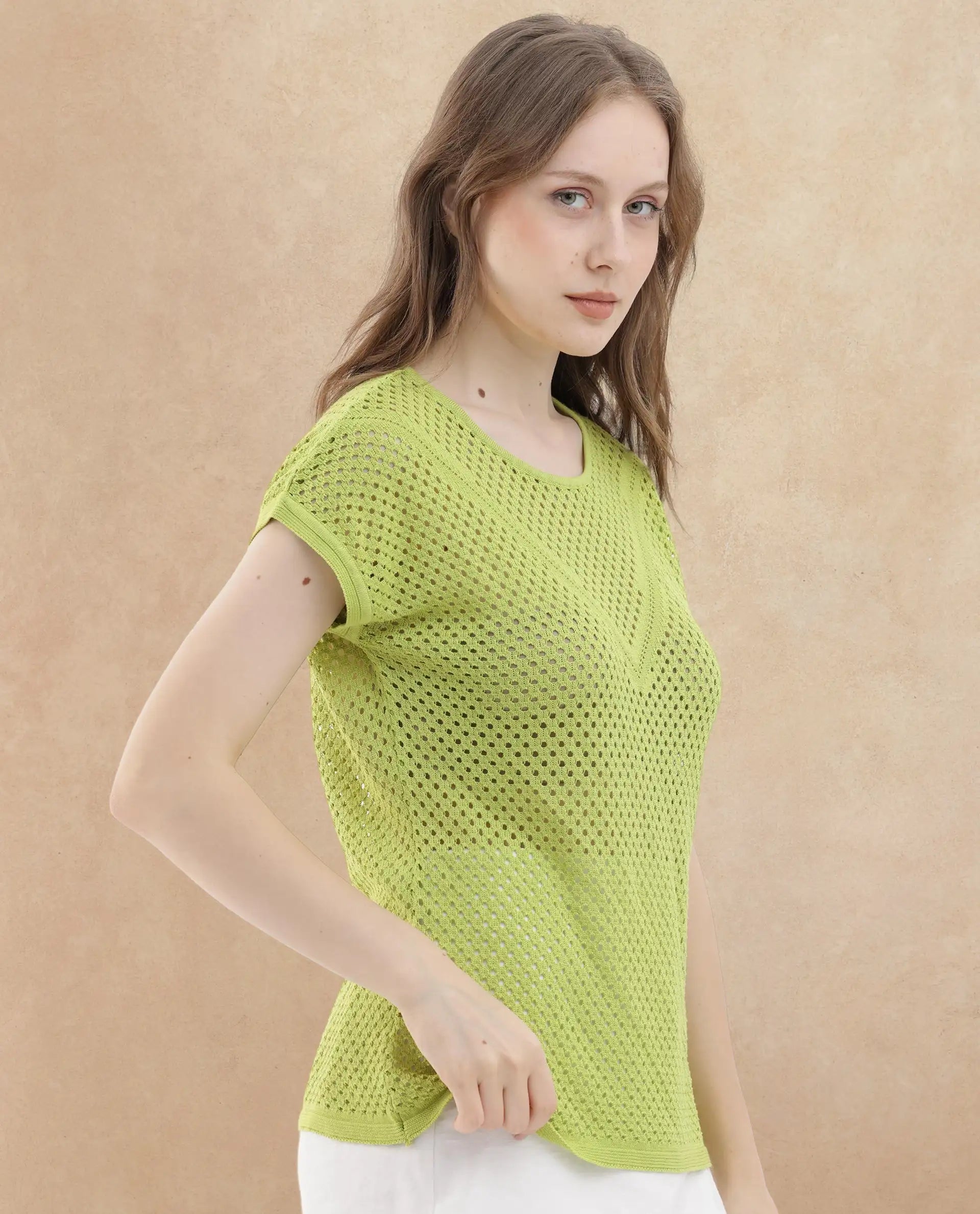 Rareism Women's Totoro Flouroscent Green Cotton Crew Neck Plain Extended Sleeves Relaxed Fit Top