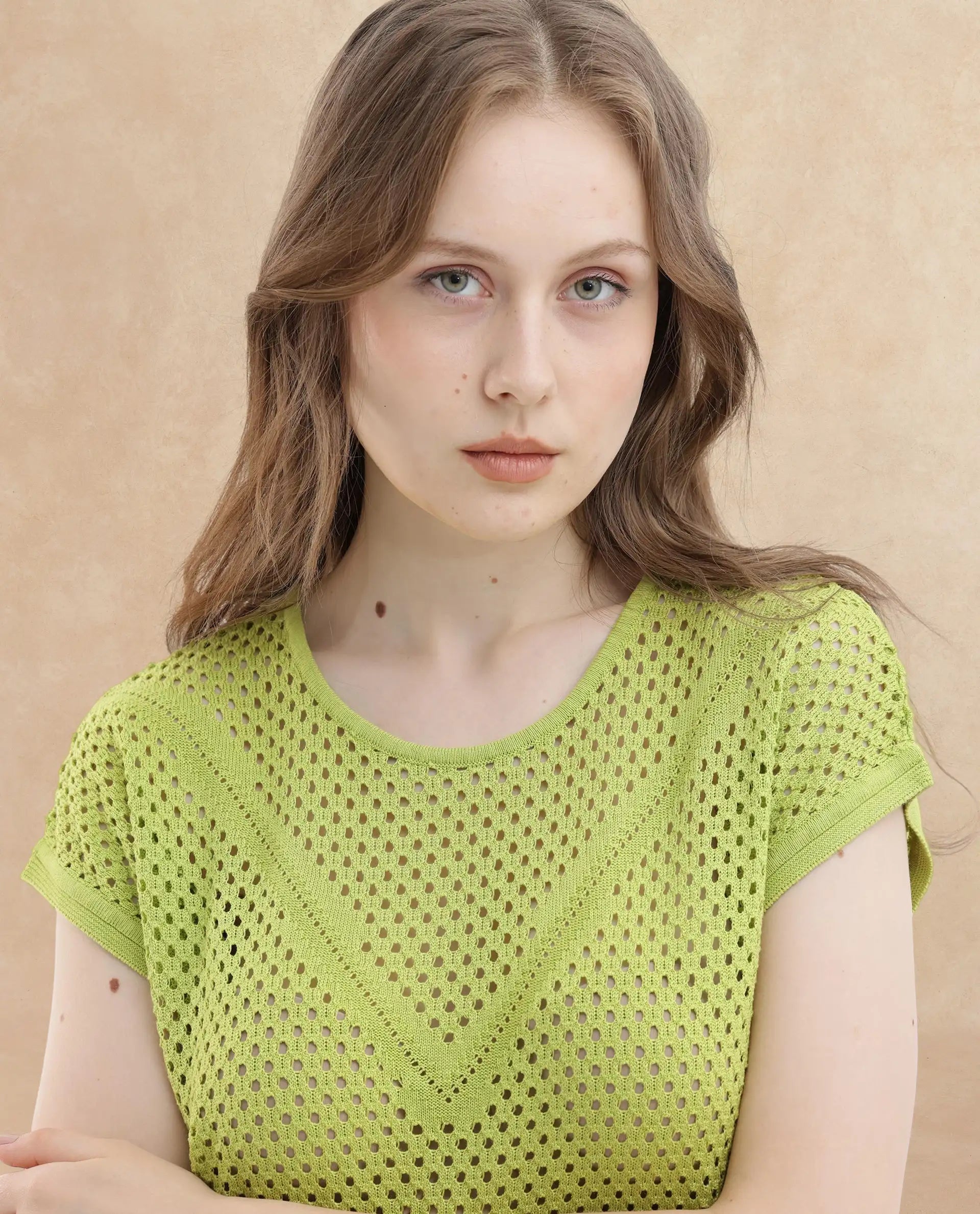 Rareism Women's Totoro Flouroscent Green Cotton Crew Neck Plain Extended Sleeves Relaxed Fit Top