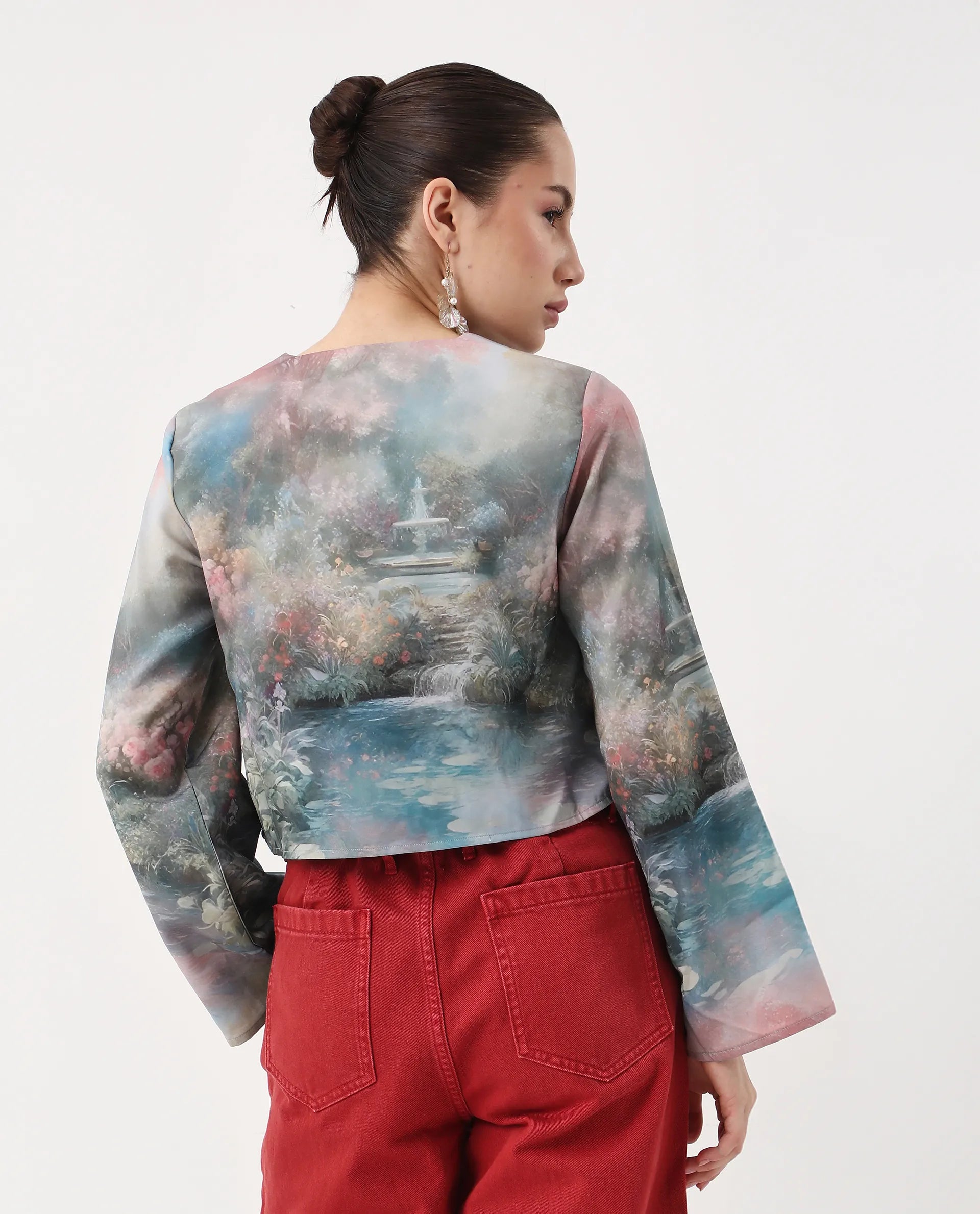 Rareism Women's Toulon Multi Satin V-Neck Abstract Print Bell Sleeve Crop Regular Fit Top