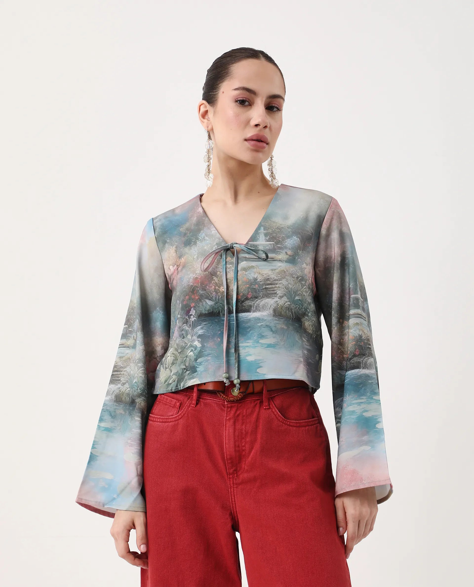 Rareism Women's Toulon Multi Satin V-Neck Abstract Print Bell Sleeve Crop Regular Fit Top