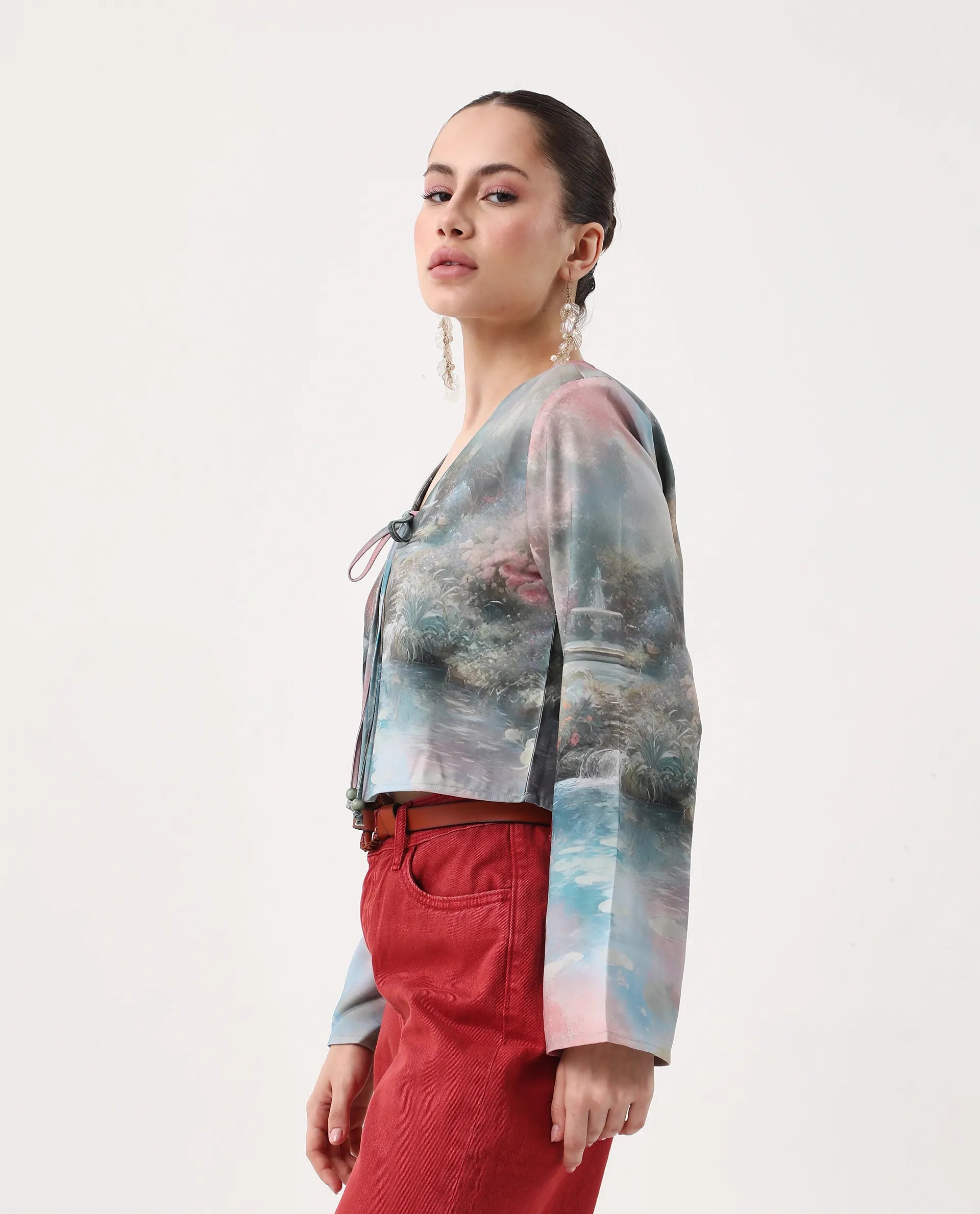 Rareism Women's Toulon Multi Satin V-Neck Abstract Print Bell Sleeve Crop Regular Fit Top