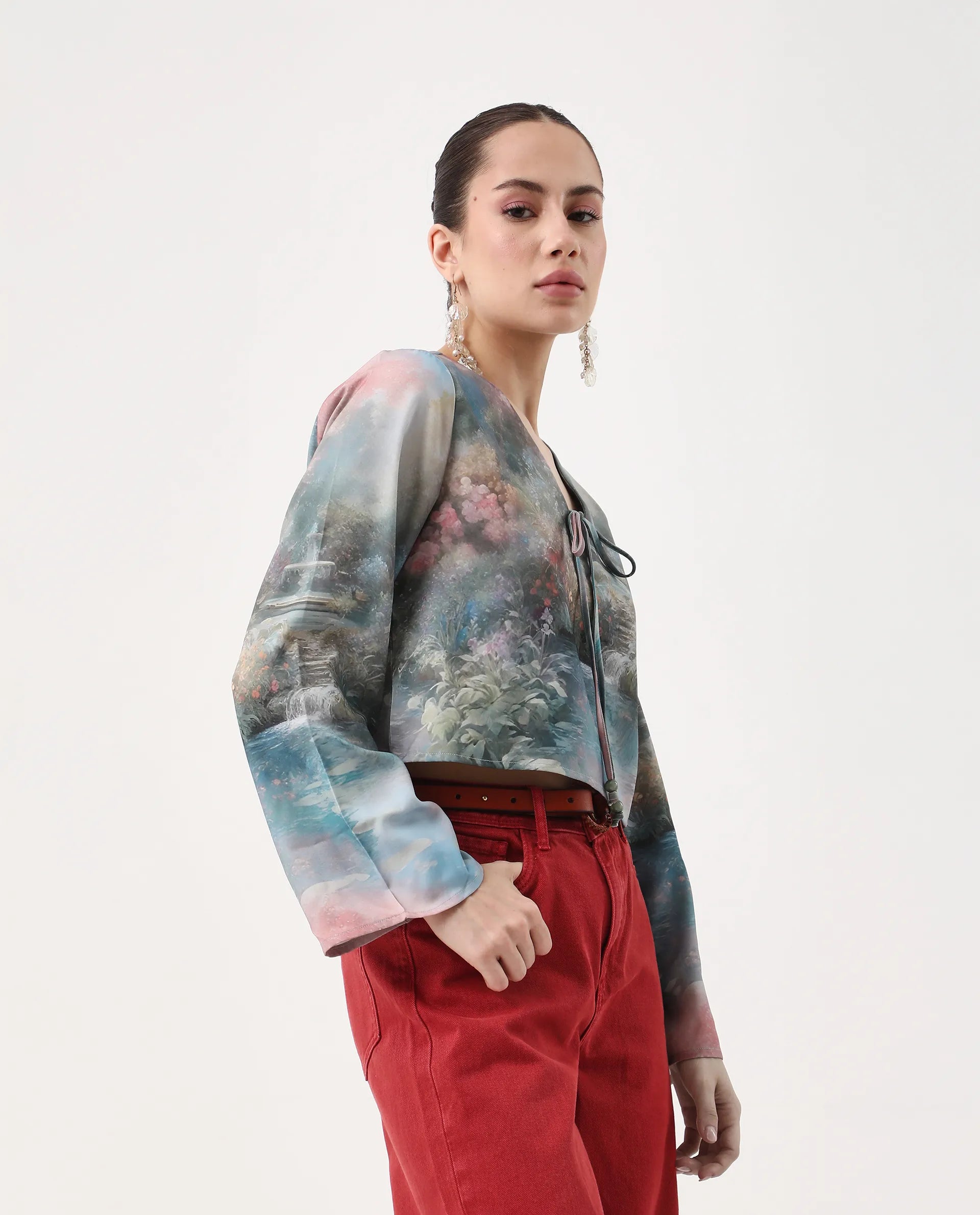 Rareism Women's Toulon Multi Satin V-Neck Abstract Print Bell Sleeve Crop Regular Fit Top