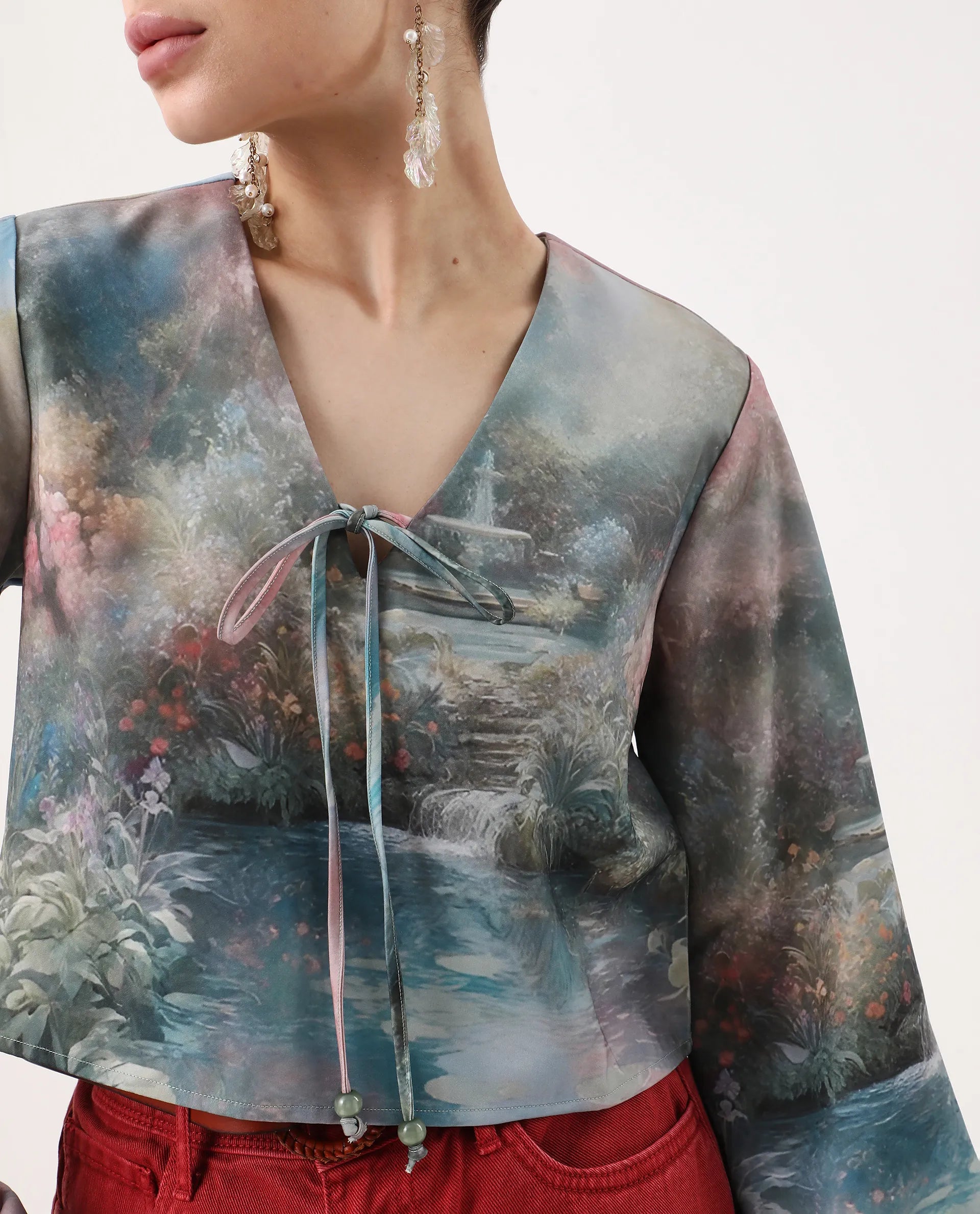 Rareism Women's Toulon Multi Satin V-Neck Abstract Print Bell Sleeve Crop Regular Fit Top