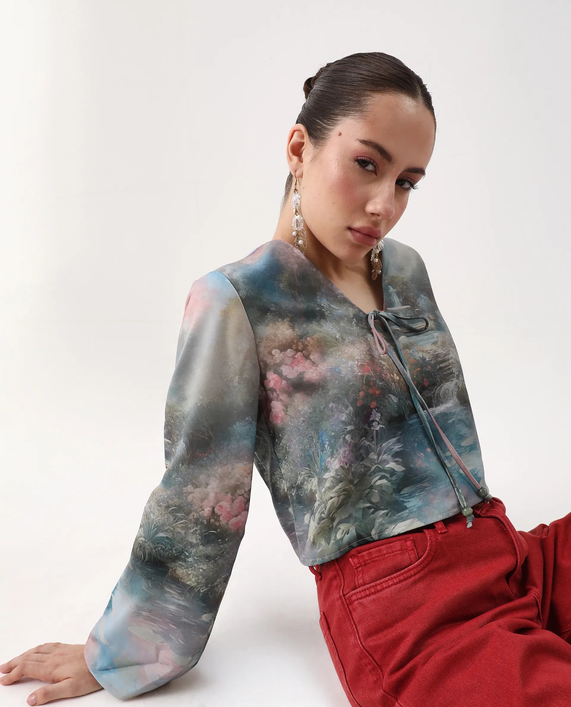 Rareism Women's Toulon Multi Satin V-Neck Abstract Print Bell Sleeve Crop Regular Fit Top