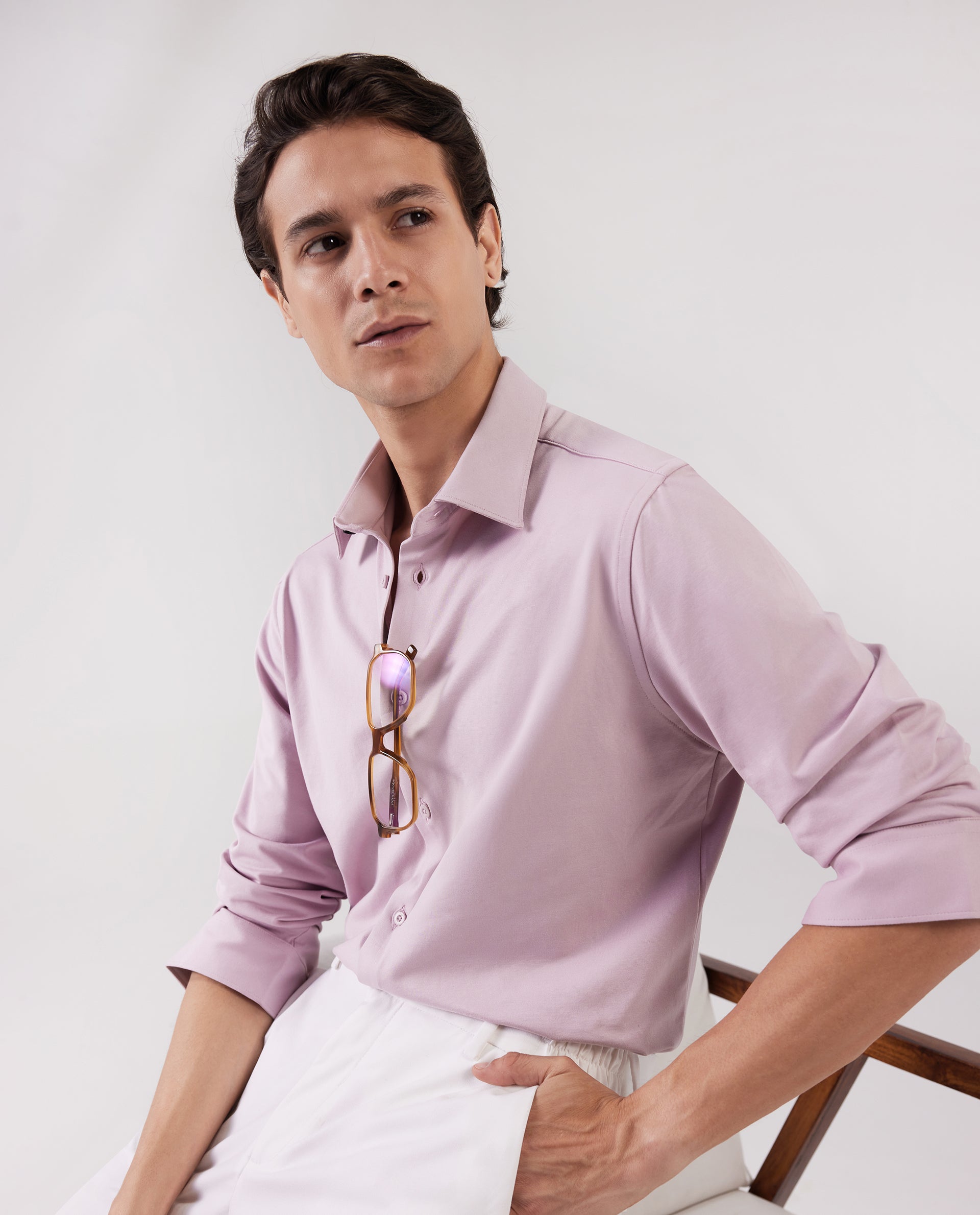 Rare Rabbit Men Tour Pastel Pink Cotton Polyester Elastane Fabric Full Sleeve Collared Collar Button Closure Plain Knitted Formal Shirt