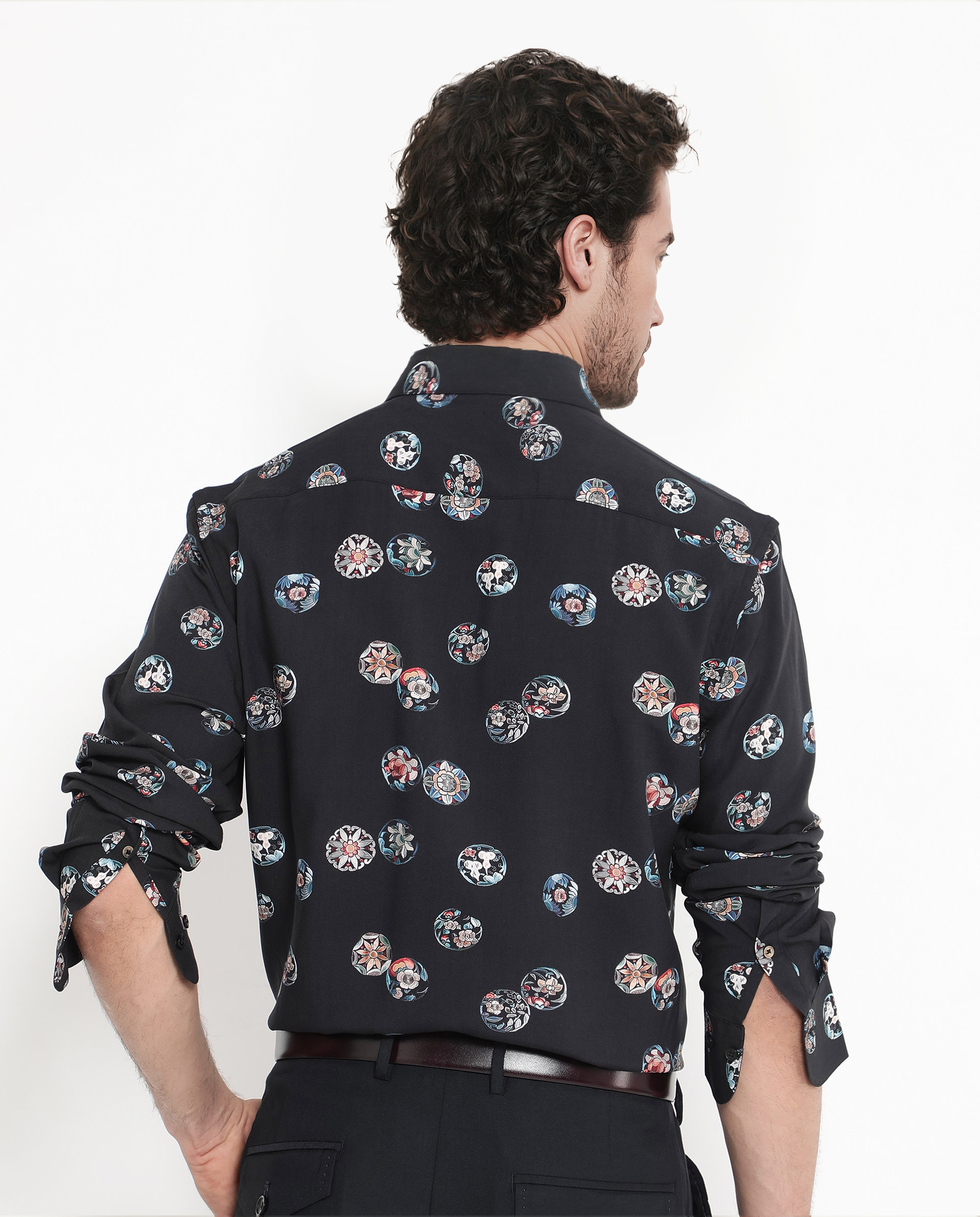 Rare Rabbit Men's Towen Ls Black Viscose Fabric Full Sleeves Regular Fit Floral Print Shirt