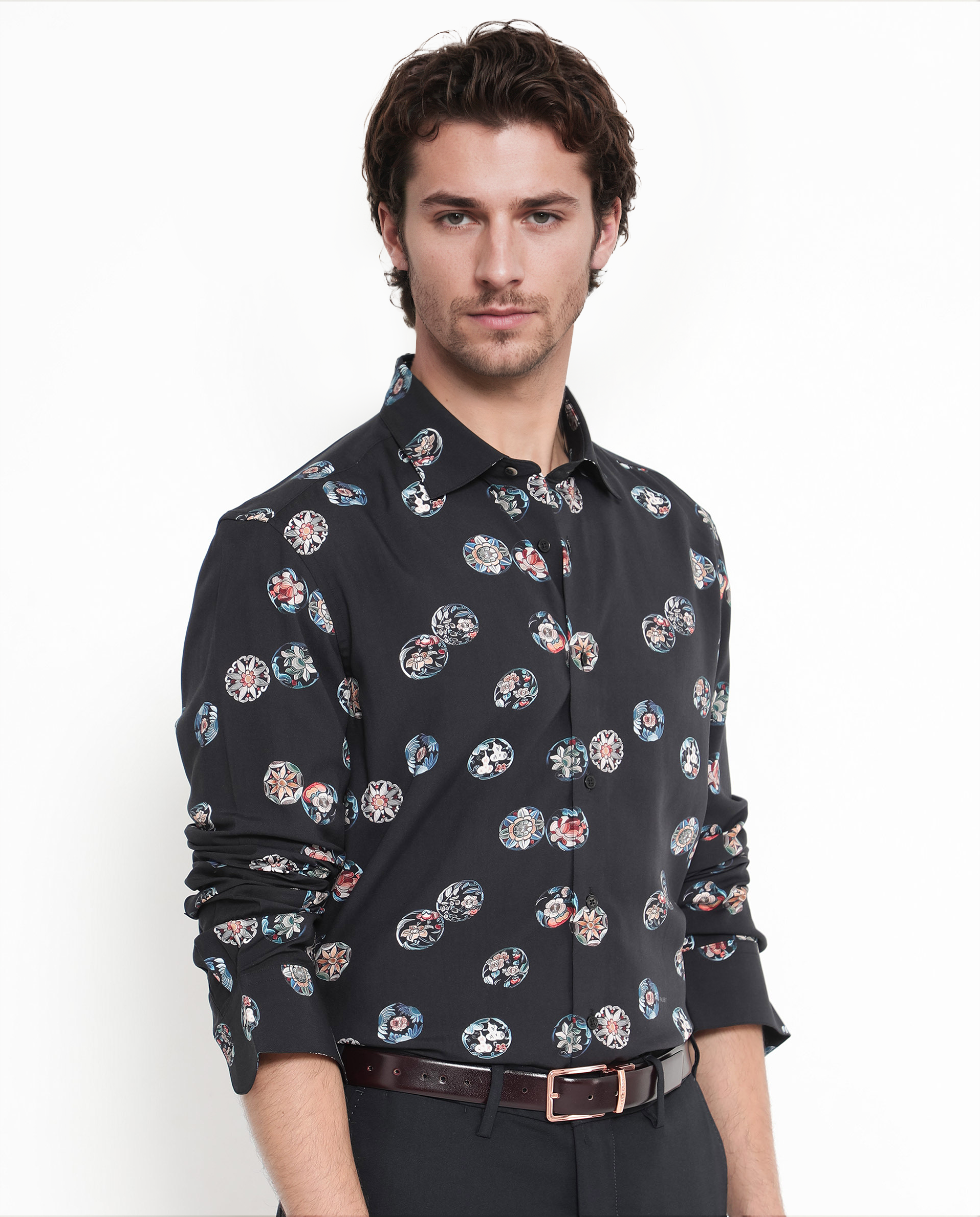 Rare Rabbit Men's Towen Ls Black Viscose Fabric Full Sleeves Regular Fit Floral Print Shirt