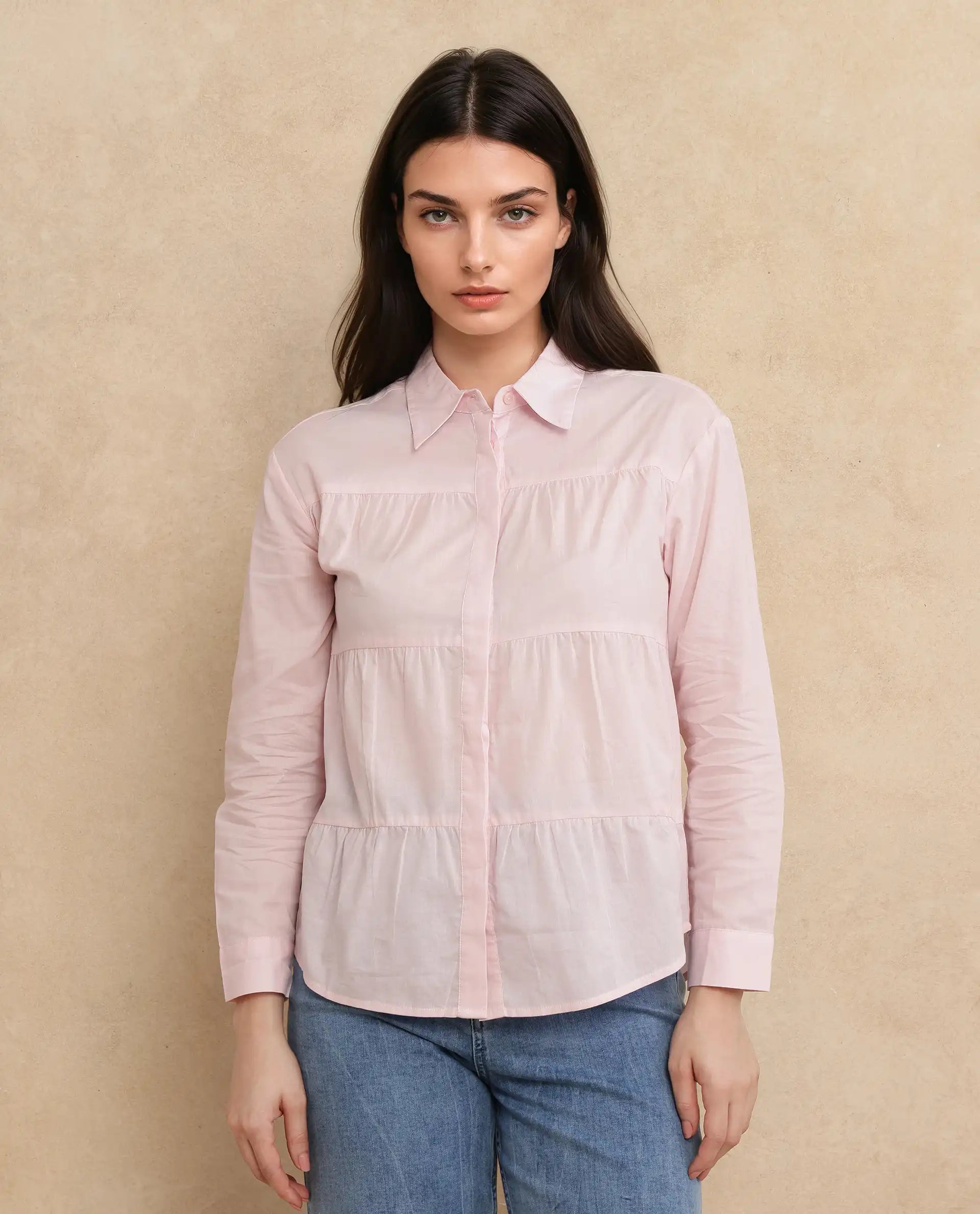 Rareism Women Towol Light Pink Cuffed Sleeve Collared Neck Button Closure Plain Top