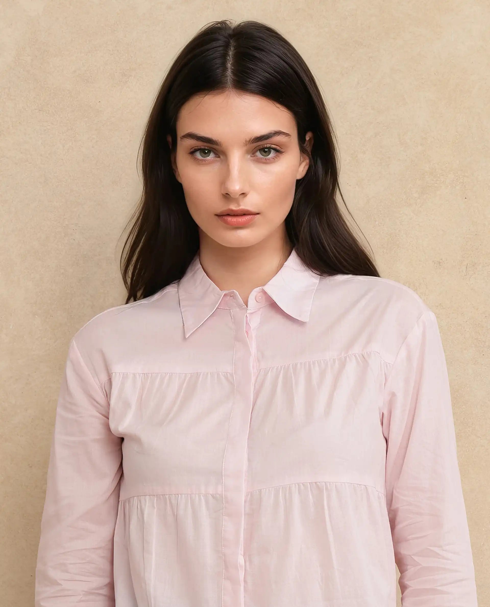 Rareism Women Towol Light Pink Cuffed Sleeve Collared Neck Button Closure Plain Top