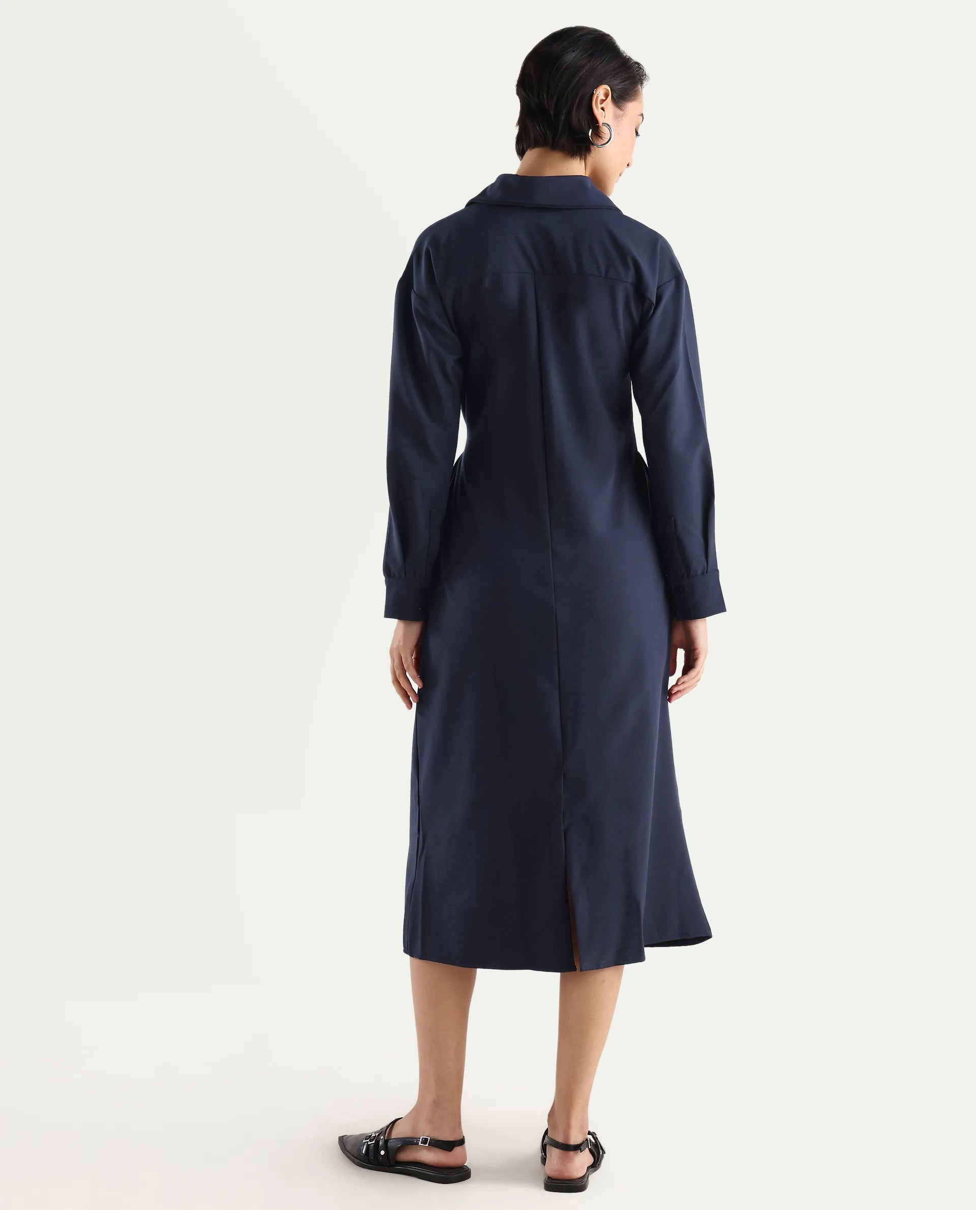 Rareism Women's Towoo Navy Drop Collar Plain Cuffed Sleeve Maxi Regular Fit Jacket