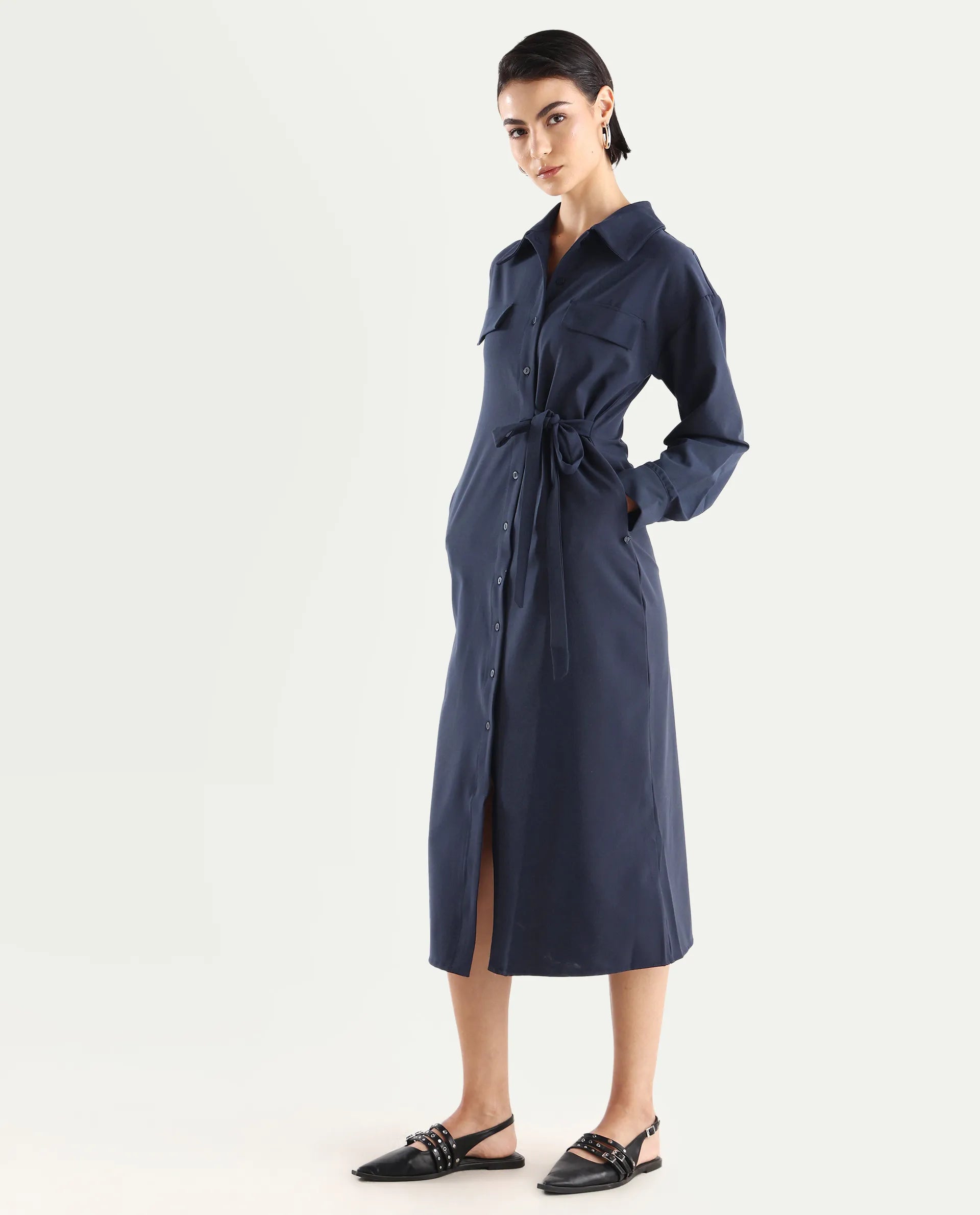 Rareism Women's Towoo Navy Drop Collar Plain Cuffed Sleeve Maxi Regular Fit Jacket