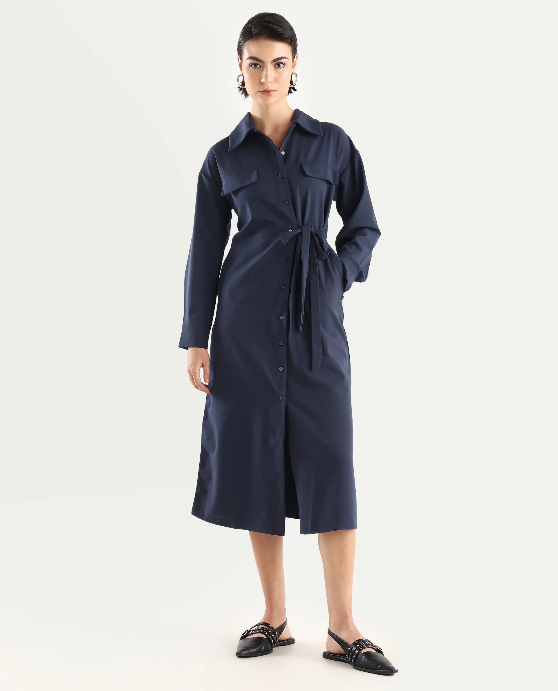 Rareism Women's Towoo Navy Drop Collar Plain Cuffed Sleeve Maxi Regular Fit Jacket