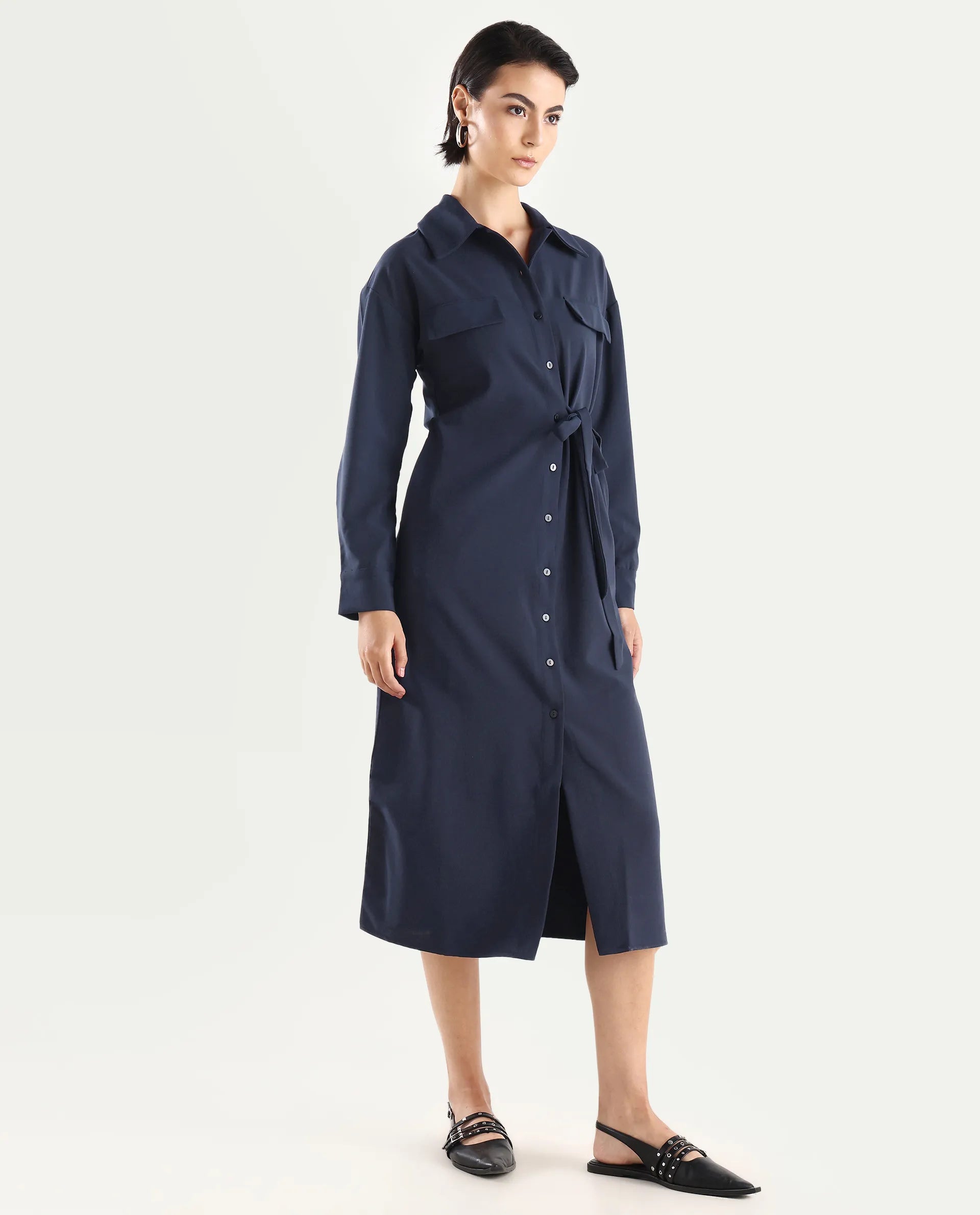 Rareism Women's Towoo Navy Drop Collar Plain Cuffed Sleeve Maxi Regular Fit Jacket