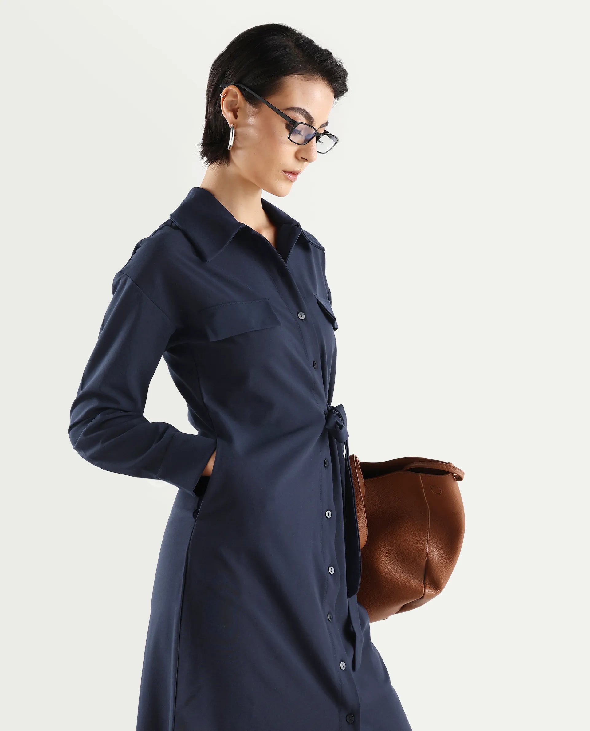 Rareism Women's Towoo Navy Drop Collar Plain Cuffed Sleeve Maxi Regular Fit Jacket