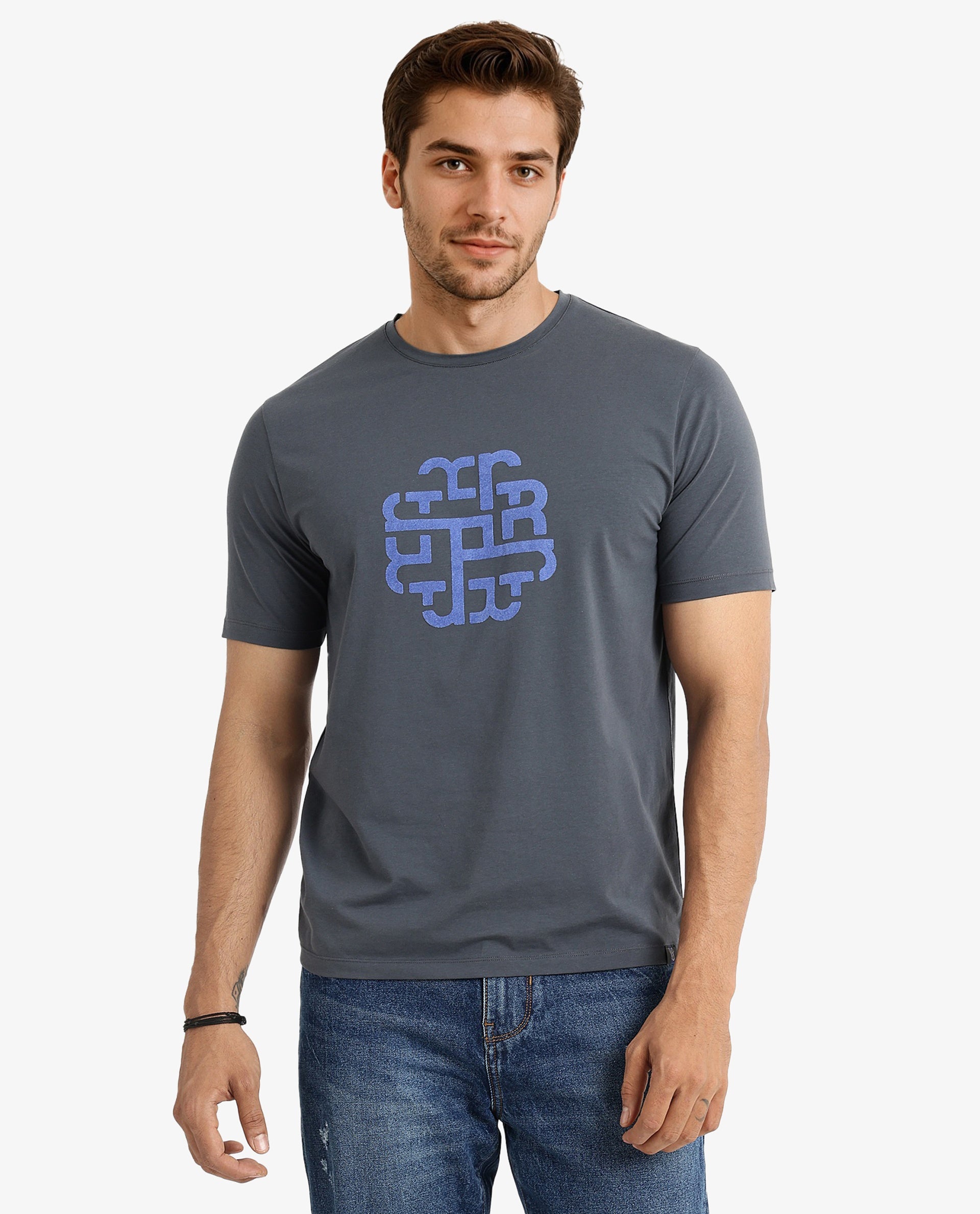 Rare Rabbit Men Toxy Dusky Blue Cotton Lycra Fabric Short Sleeve Crew Neck Regular Fit Graphic Flock Print T-Shirt