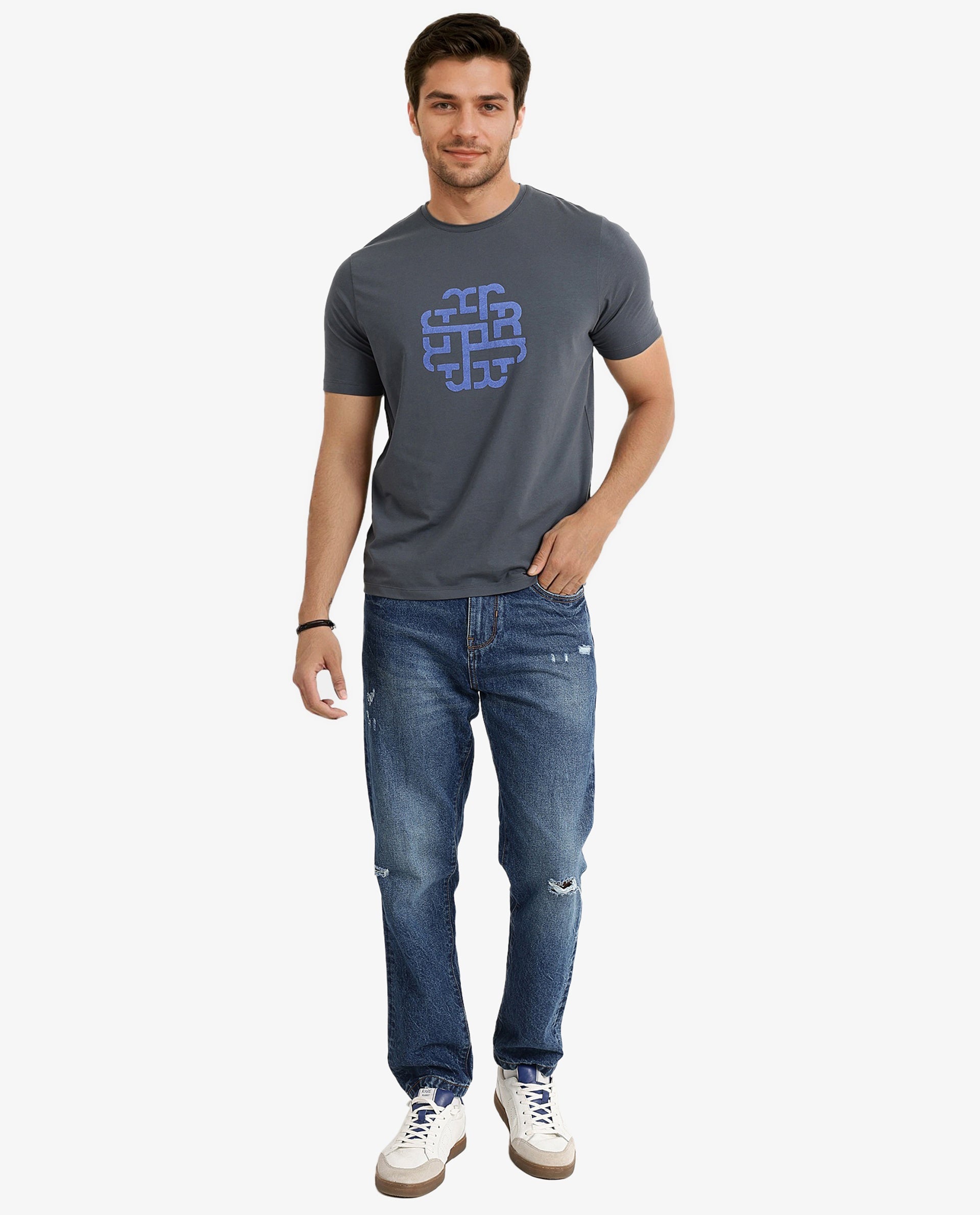 Rare Rabbit Men Toxy Dusky Blue Cotton Lycra Fabric Short Sleeve Crew Neck Regular Fit Graphic Flock Print T-Shirt