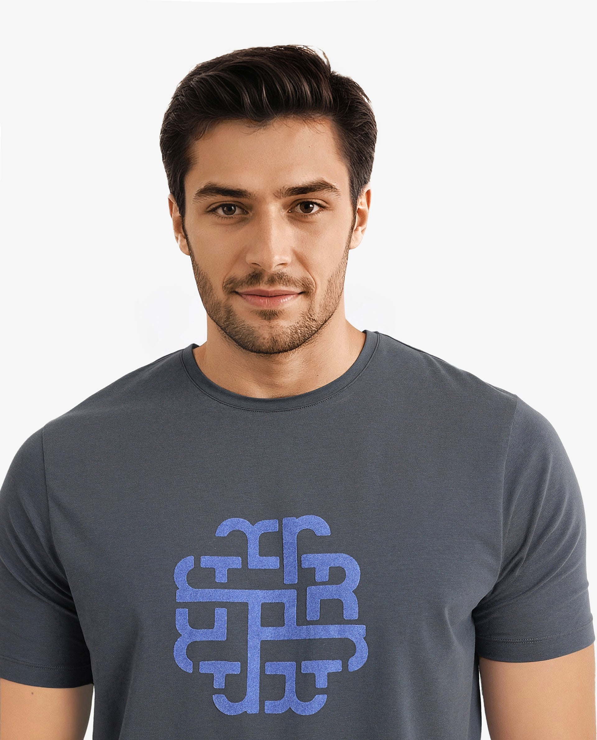 Rare Rabbit Men Toxy Dusky Blue Cotton Lycra Fabric Short Sleeve Crew Neck Regular Fit Graphic Flock Print T-Shirt